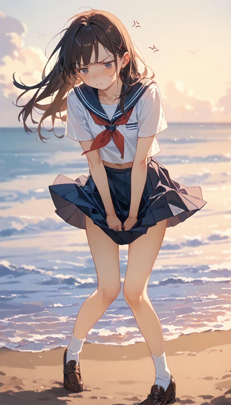 1 girl, beach side, very windy, wind lift skirt, tug skirt, slim thighs, blushing, , annoyed, small breasts, slim, slender, Cute short-sleeved sailor uniform, Pleated mini skirt, Sailor collar, Sailor scarf, socks, Brown Loafers,, panty, 