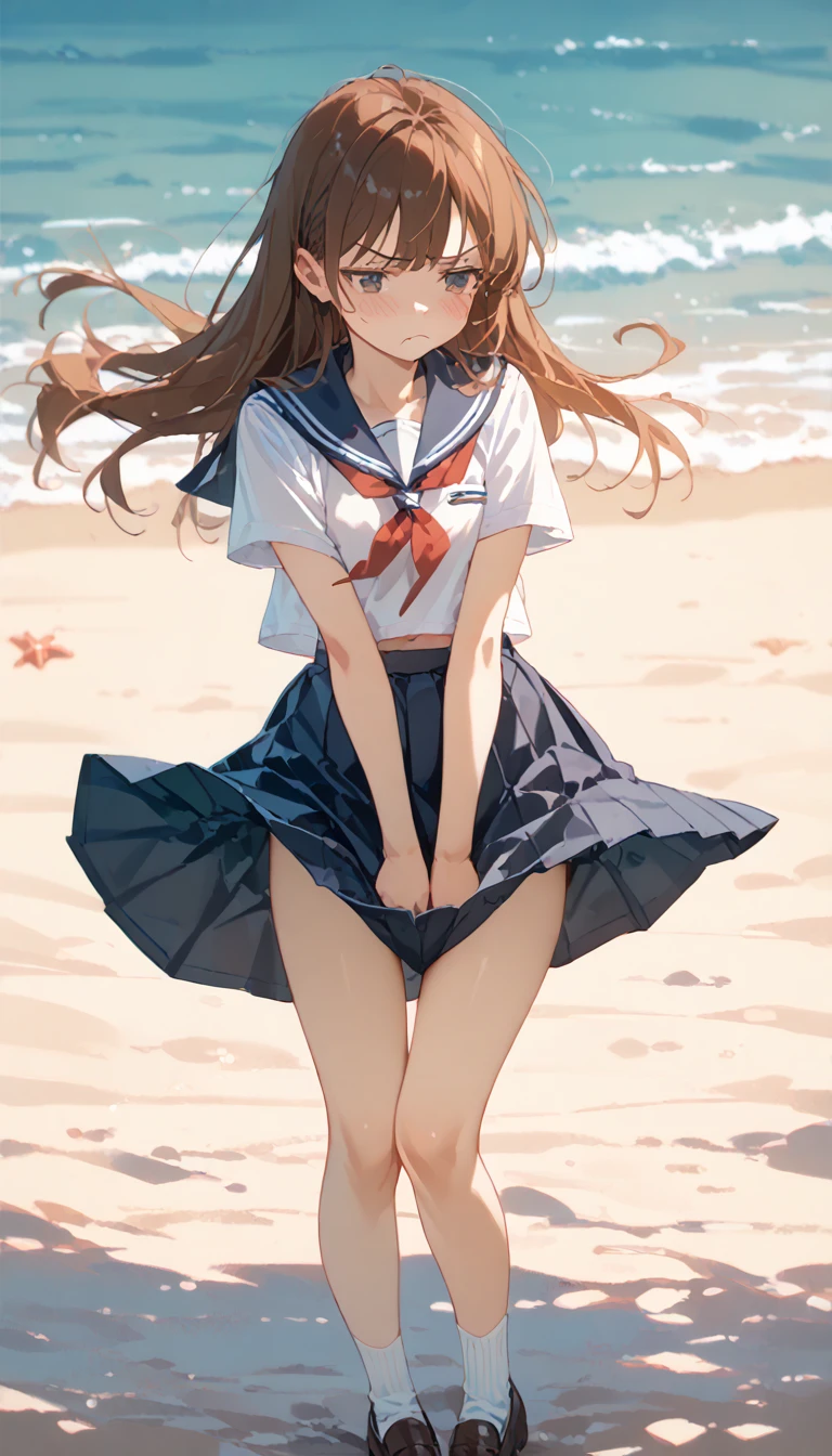 1 girl, beach side, very windy, wind lift skirt, tug skirt, slim thighs, blushing, , annoyed, small breasts, slim, slender, Cute short-sleeved sailor uniform, Pleated mini skirt, Sailor collar, Sailor scarf, socks, Brown Loafers,, panty, 