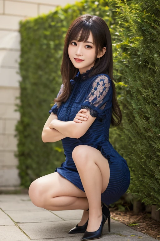 highest quality, pieces fly, that&#39;realistic, High resolution, 8,000 students,alone, 1 girl, NSFW、medium long hair、20-year-old、(royal blue miniskirt dress)、squat、slender body shape、spread your legs wide、 ((royal blue lace panties))、smile、earrings、necklace、skirt lift、Among the ancient ruins