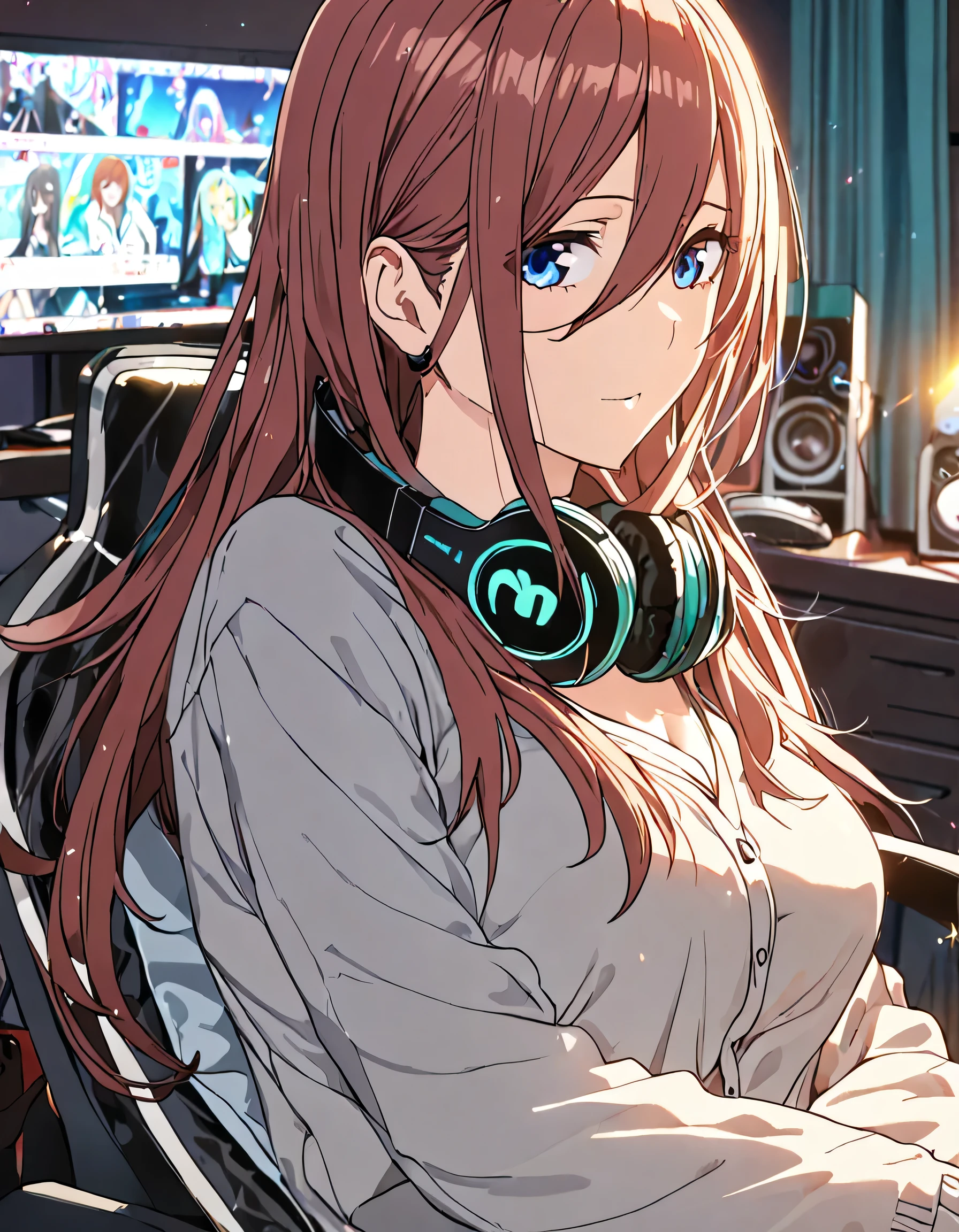 (A girl lounging in her bedroom), (a PC monitor turned on, a gaming chair), (a cluttered room), (fetal position), (perfect face), Sparkling, (masterpiece, best quality), (absurdres absolutely resolution), (8k), (detailed illustration), (super fine illustration), (professional lighting), (vivid color), detailed beatiful face, detailed beatiful eyes, detailed beatiful hair, perfect body, perfect hands, dynamic pose, dutch angle}, , looking at viewer, miku nakano, long hair, bangs, blue eyes, brown hair, shirt, hair between eyes, cardigan, headphones around neck, mature female, medium breasts