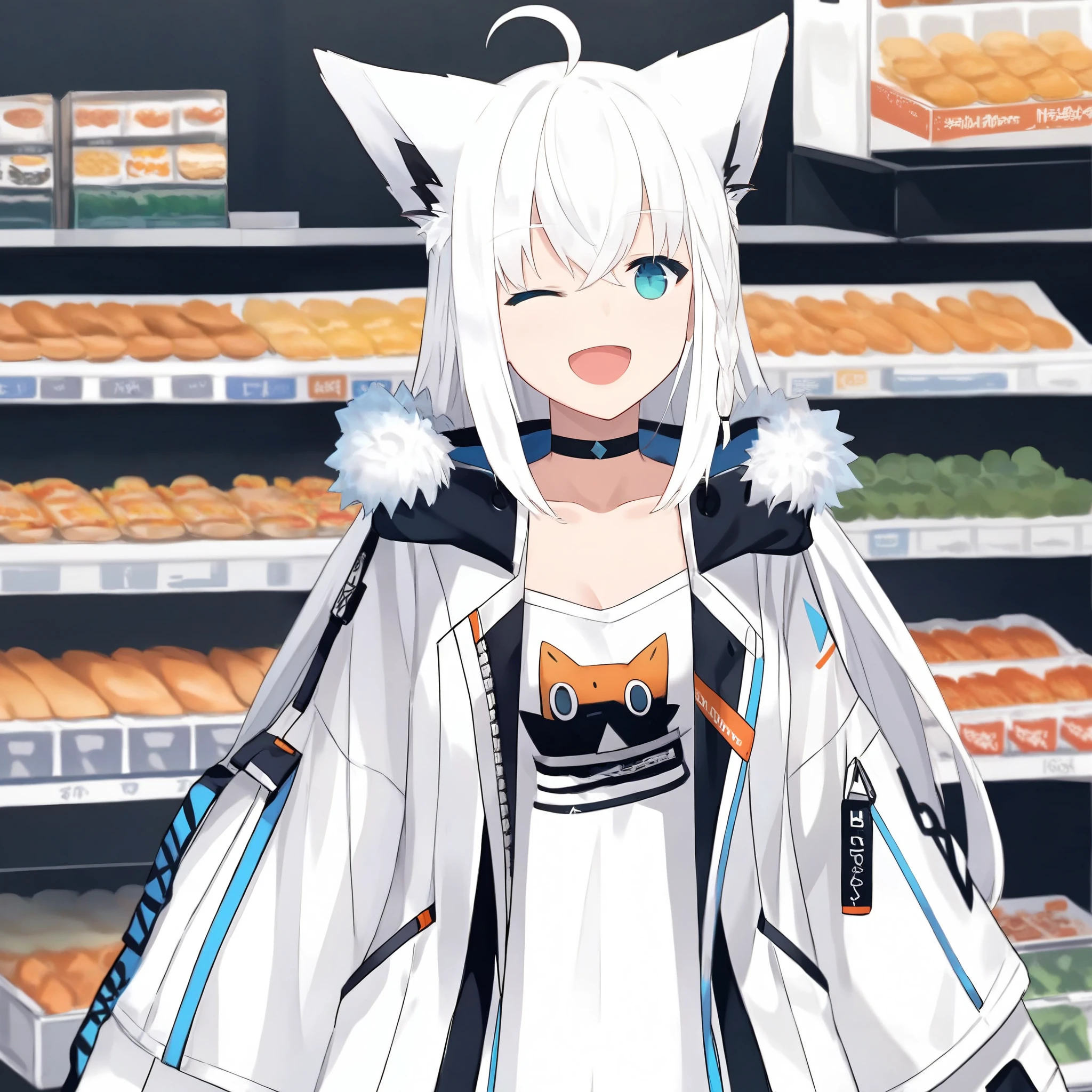 core_9,score_8_up,score_7_up,source_anime,1girl,high res image,masterpiece,best quality,(girl:1),cute face,clear skin,shiny hair,fubuking_tek,choker,white jacket,
fox ears,ahoge,smile,open mouth,fox tail,shop,cowboy shot,shopping,fox shadow puppet,one eye closed,white hair