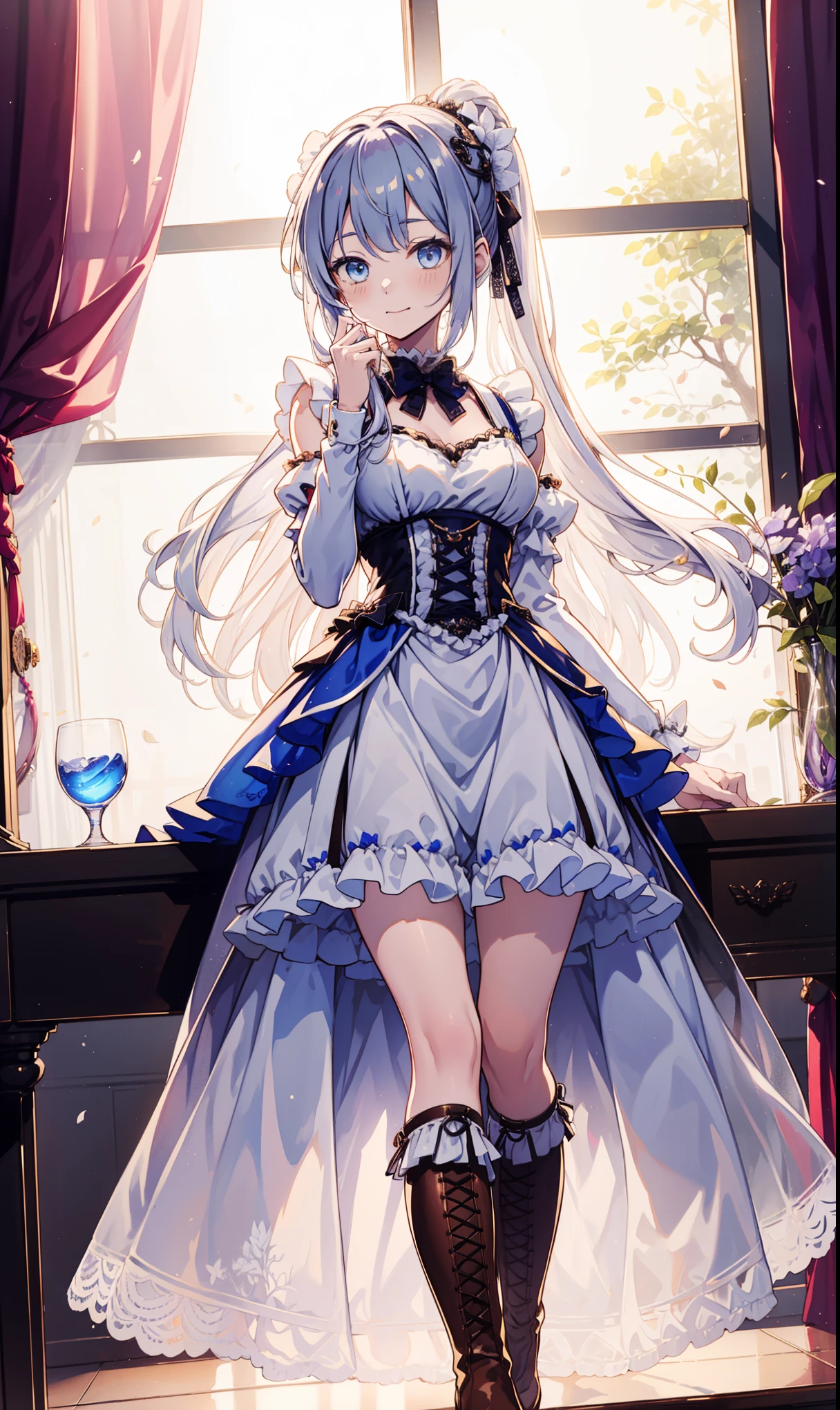 Teenage Girl，obsessed，have fun，in love，(White transparent maid costume，Long skirt)，Silver Hair，Blue Eyes，Transparent clothes，Exquisite hair accessories，Transparent lace，Purple pattern，Purple ribbon，night，Dress nicely，bedroom，solitary，night，Engraved suspender boots，Delicate and beautiful face，Double ponytail hairstyle