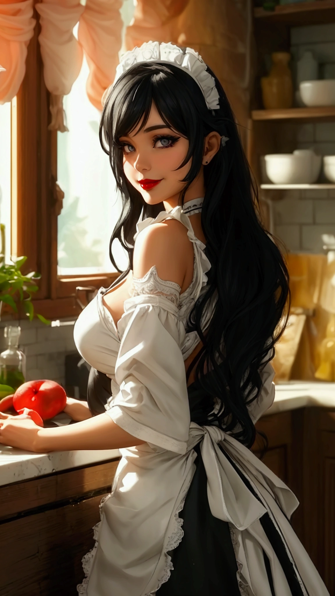 A imagen of a latina female, long black hair, erotic maid micro dress, grey eyes, bimbo red lips, white heels, beautiful makeup, smile, hyper sensual body, full body, back view bent over in the kitchen, butt focus, HD, Sony FE, hyperdetailed, best quality, ray tracing, high resolution, texture skin, texture hair, texture clothes, soft colors, soft lighting, C4D, 8k octane, Digital-Art.