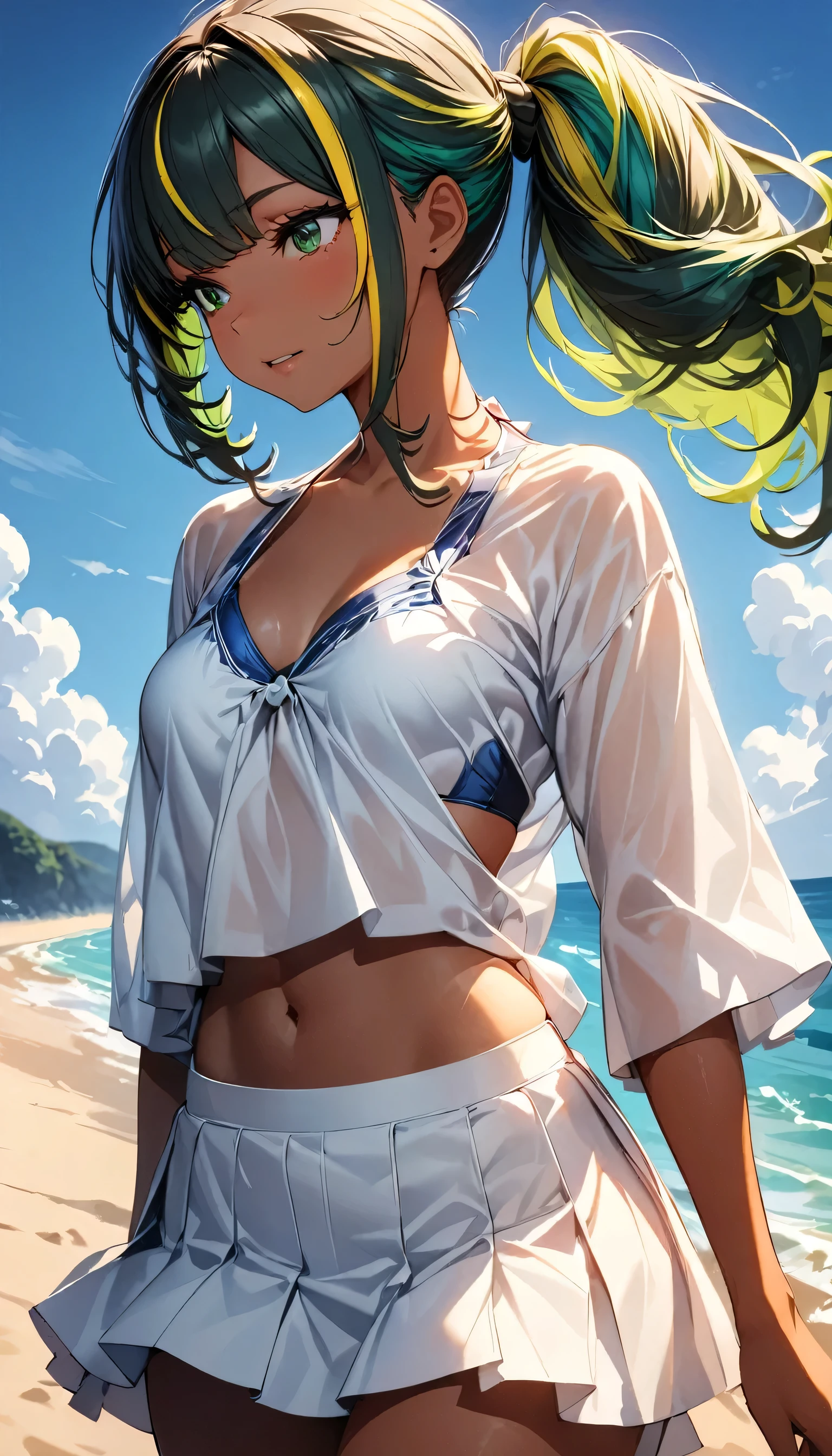 (highest quality:1.2, Very detailed, up to date, Vibrant, Ultra-high resolution, High Contrast, masterpiece:1.2, highest quality, Best aesthetics), Portraiture、girl、Bright colors、Beautiful fine details、Beautiful lip detail、long hair、ponytail, white and yellow green ((streaked hair:1.6)), highlights hair: 1.5, (small breast,:1) (tan skin:1.1), 、((skirt-style-bikini:1)), Satin-Bikini, beautiful beach, day, (sun shine), blue sky , walking, ((cowboy shot:1.6))