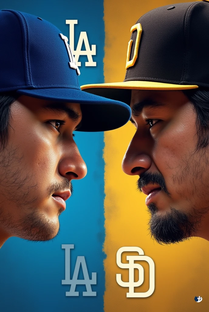 MLB playoff match-up poster. Dodgers vs Padres match-up. Large logo of both teams ‘LA’ vs ‘SD’ at the top. At the bottom is the MLB logo and the words ‘POST season’. The faces of the players from each team facing off are shown as silhouettes. The colours reflect the energy of a playoff game, with the bold contrast between the Dodgers‘ blue and the Padres’ brown and gold emphasising the rivalry.