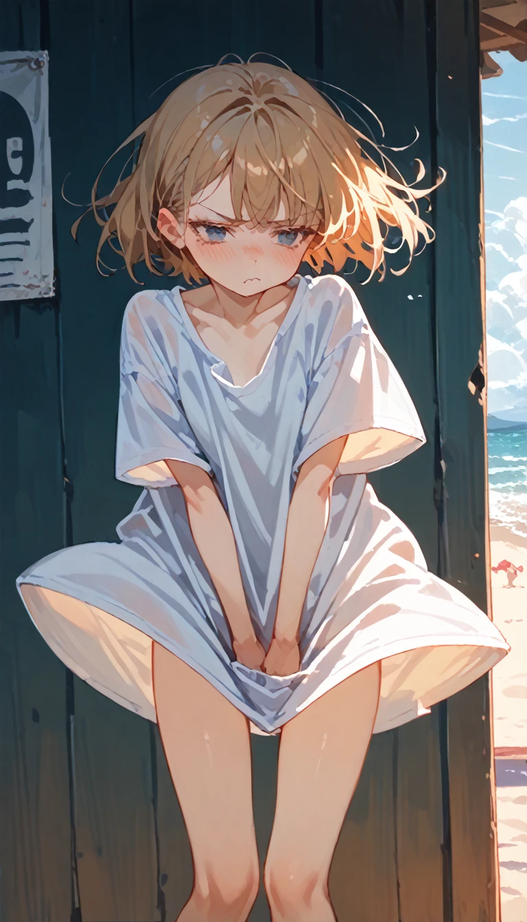 1 girl, beach side, very windy, wind lift skirt, tug skirt, slim thighs, blushing, , annoyed, small breasts, slim, slender, oversized tee shirt, bottomless, shirt tug,  