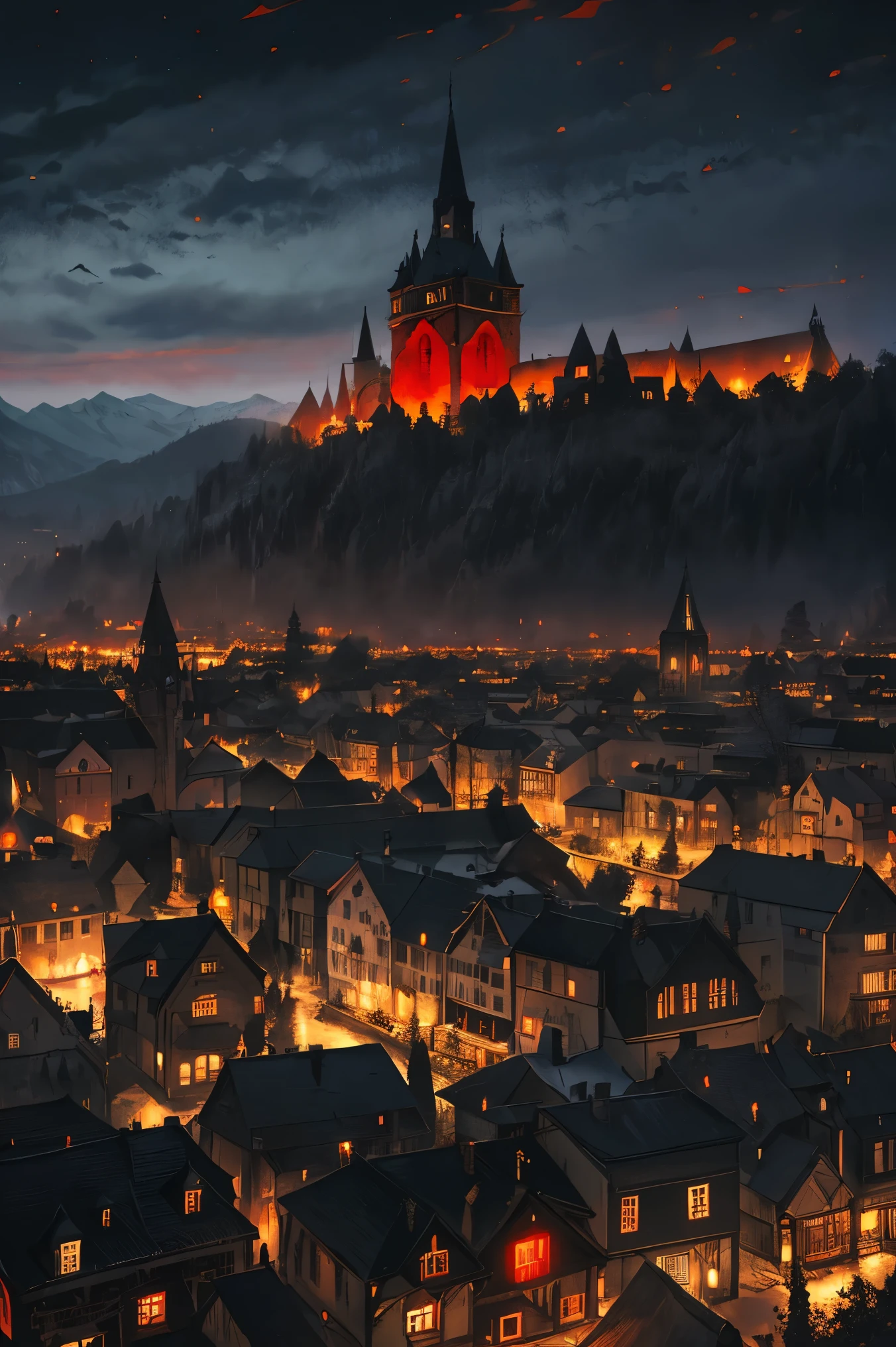 old European village shot with bird view, (Red glowing eyes), masterpiece, Depth of written boundary, Lutz, Gwaites style artwork, Gothic aesthetics, Dark Vampire village, ((in the dark gothic style cathle:1)), ((dark mid-night time:1.5)),