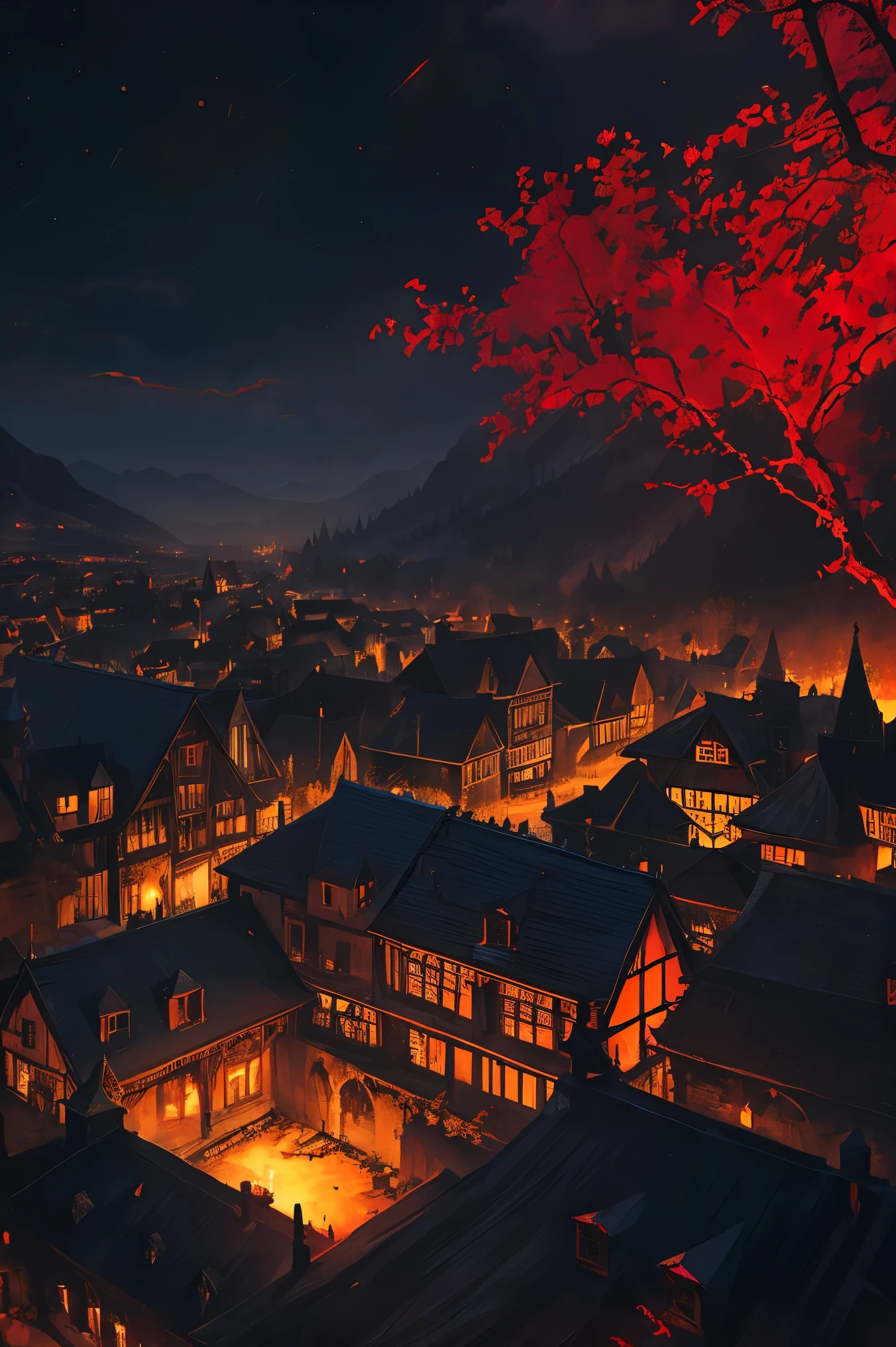 old European village shot with bird view, (Red glowing eyes), masterpiece, Depth of written boundary, Lutz, Gwaites style artwork, Gothic aesthetics, Dark Vampire village, ((in the dark gothic style cathle:1)), ((dark mid-night time:1.5)),