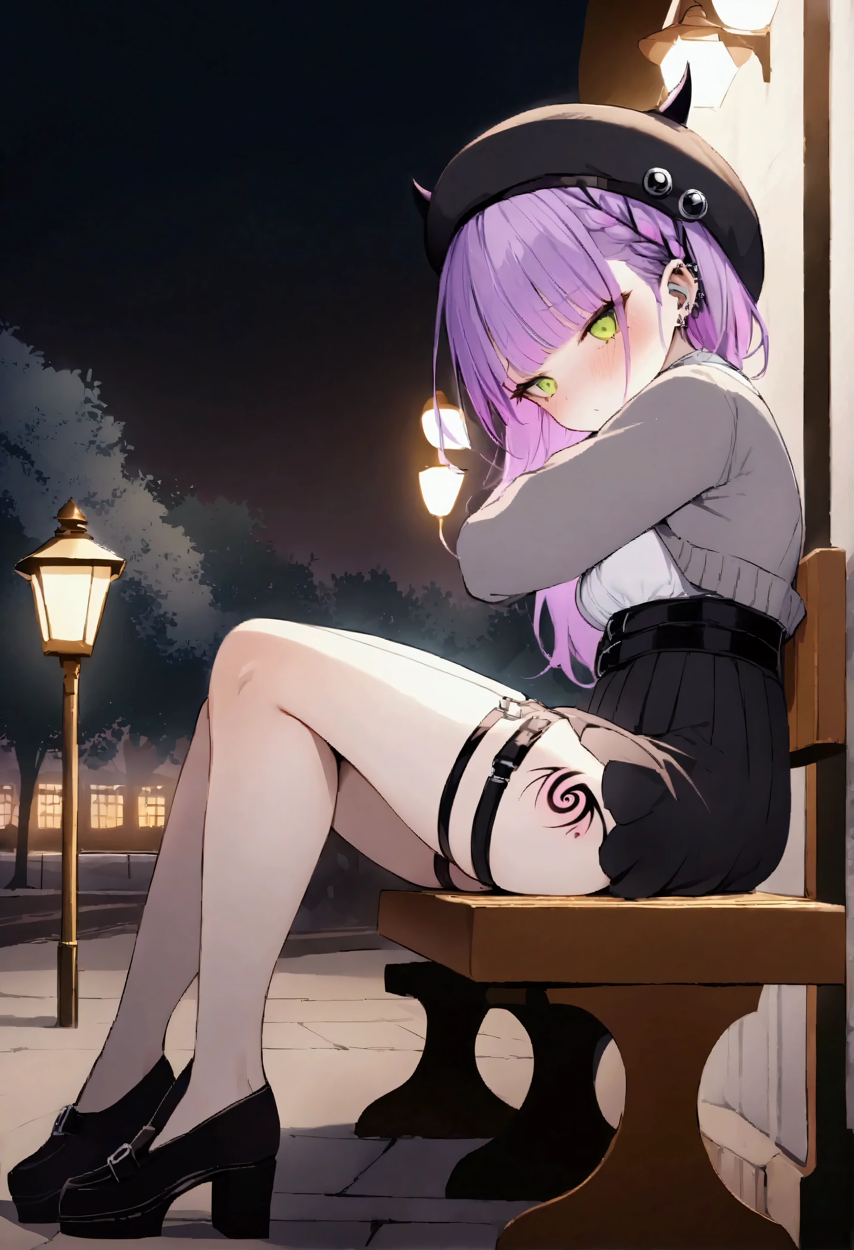 NSFW,masterpiece,Best Quality,High resolution,Very detailed,Towa Tokoyami\(Hove\),Purple Hair,Green Eyes,Jirai system、Frilled shirt、High Waist Skirt、Grey cardigan、Beret、False horns、Thigh straps、Thigh Tattoo、Ear Piercing,Night Park,Street lamp,bench,Sitting,Depressed face,From the side