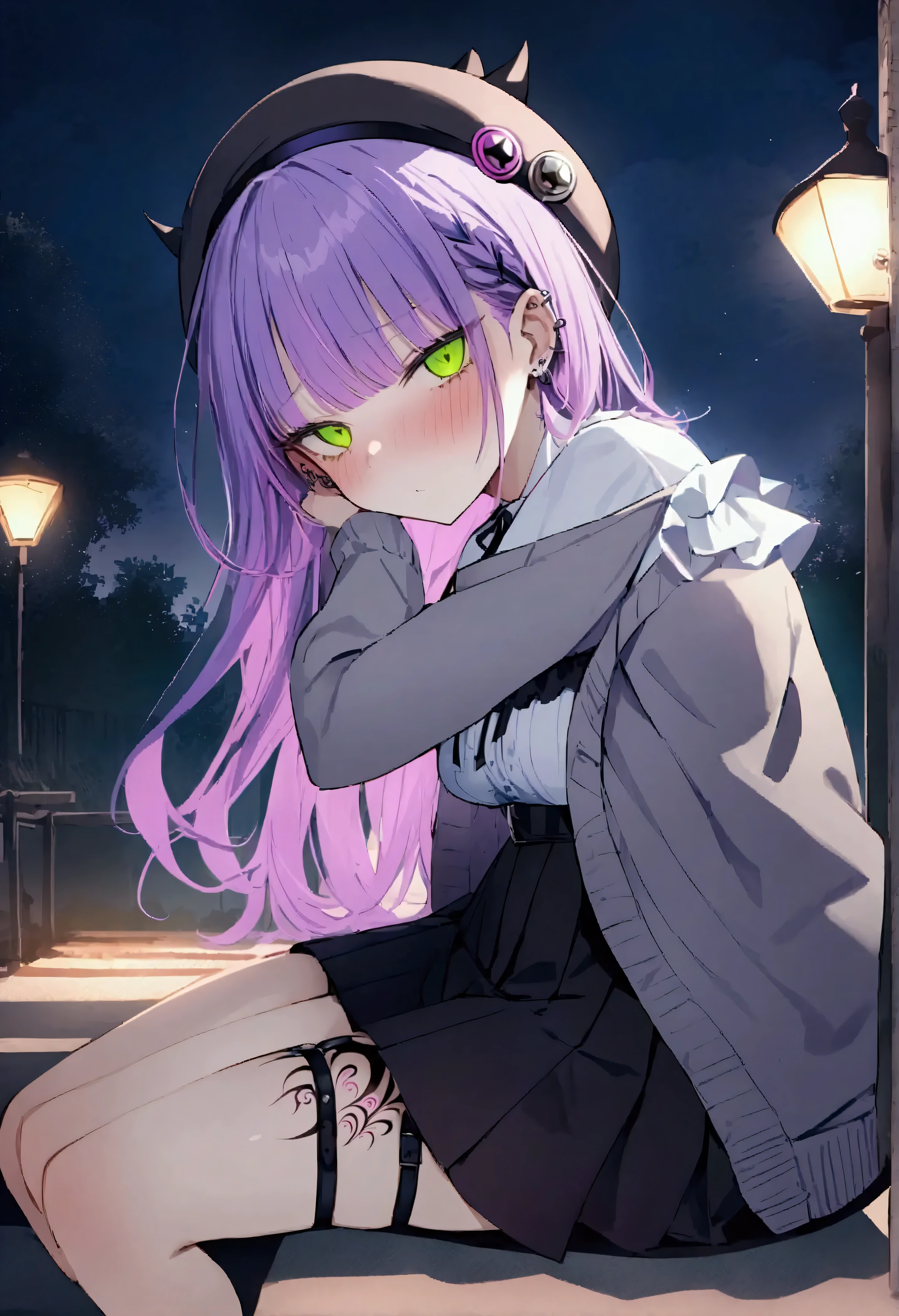 NSFW,masterpiece,Best Quality,High resolution,Very detailed,Towa Tokoyami\(Hove\),Purple Hair,Green Eyes,Jirai system、Frilled shirt、High Waist Skirt、Grey cardigan、Beret、False horns、Thigh straps、Thigh Tattoo、Ear Piercing,Night Park,Street lamp,bench,Sitting,Depressed face,From the side