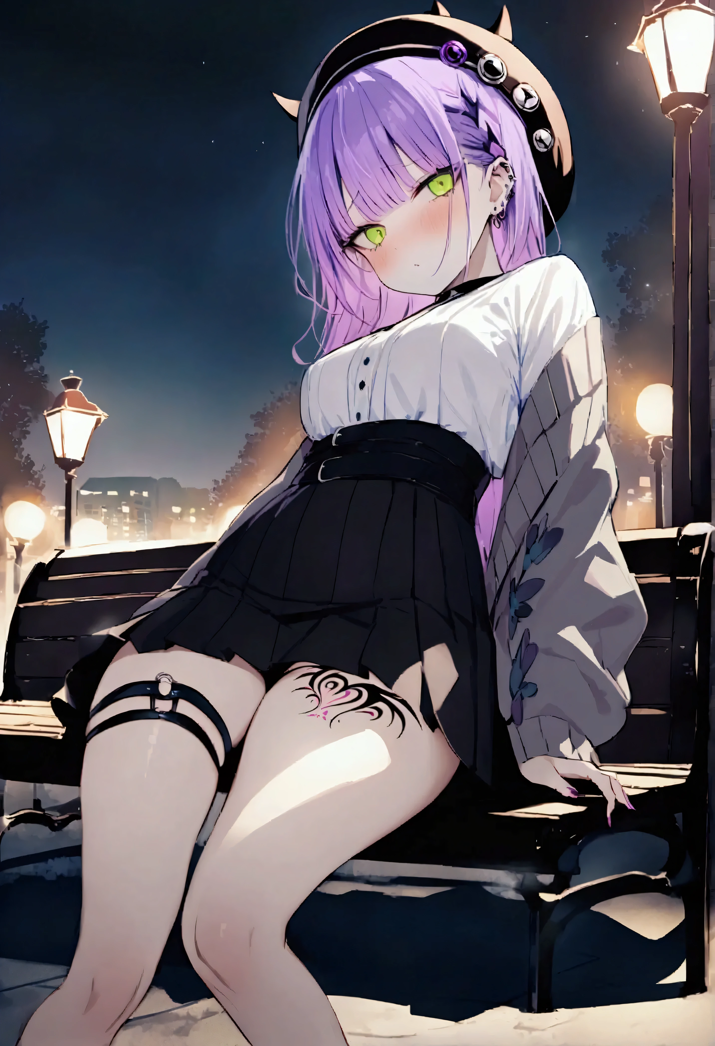 NSFW,masterpiece,Best Quality,High resolution,Very detailed,Towa Tokoyami\(Hove\),Purple Hair,Green Eyes,Jirai system、Frilled shirt、High Waist Skirt、Grey cardigan、Beret、False horns、Thigh straps、Thigh Tattoo、Ear Piercing,Night Park,Street lamp,bench,Sitting,Depressed face,From the side