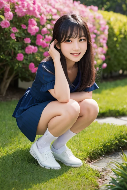 master piece, Best Quality,( Japan girl:1.5),(Looks like you're about to cry:1.3) ,(M-shaped legs spread on a park bench:1.8),(Summer clothes and hairpins for junior high girls:1.8),eyes,(Small:1.7),(Smooth straight hair:1.5),(Slender body,Skinny Legs),A detailed eye,Very white skin,Letting down your bangs,Detailed body,Detailed hand,No makeup, Smile,
