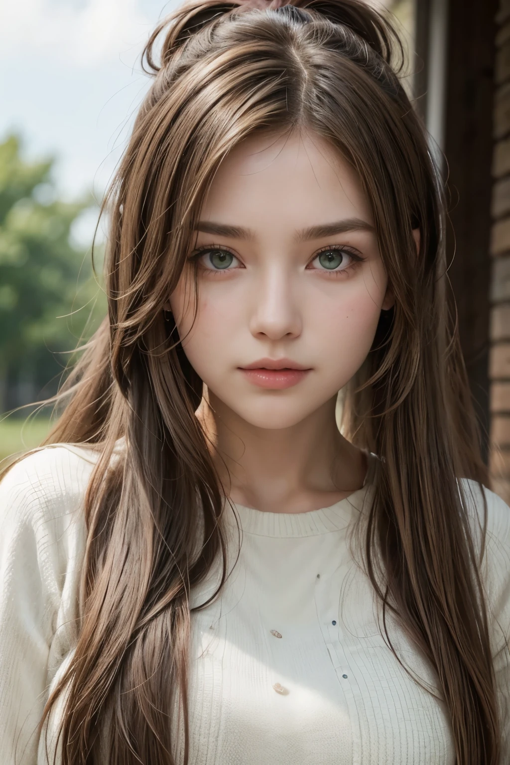 A woman with long brown hair and a white sweater - SeaArt AI