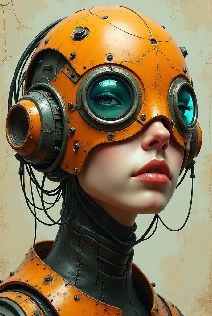 steampunk android portrait, cracked brass face with exposed cybernetics. Hyper-realistic details, human eyes, one framed by intricate mechanical eyelid. Weathered off-white surface, etched with fine fracture lines and rust stains. Hard, lifelike lips contrast with silicon rubber skin. Segmented panels reveal glimpses of retro steampunk circuitry beneath. Delicate nose sculpted with artificial precision. Visible joints, bolts, welding, and seams along cheekbones and forehead. One eye socket houses glowing red Incandescent bulbs. Tangle of obsolete wires and tubes at neck. Lush, overgrown backdrop hints at post-apocalyptic setting. Harsh, dramatic lighting emphasizes textures. steampunk aesthetic meets baroque detailing. Ultra-high resolution, photorealistic rendering.