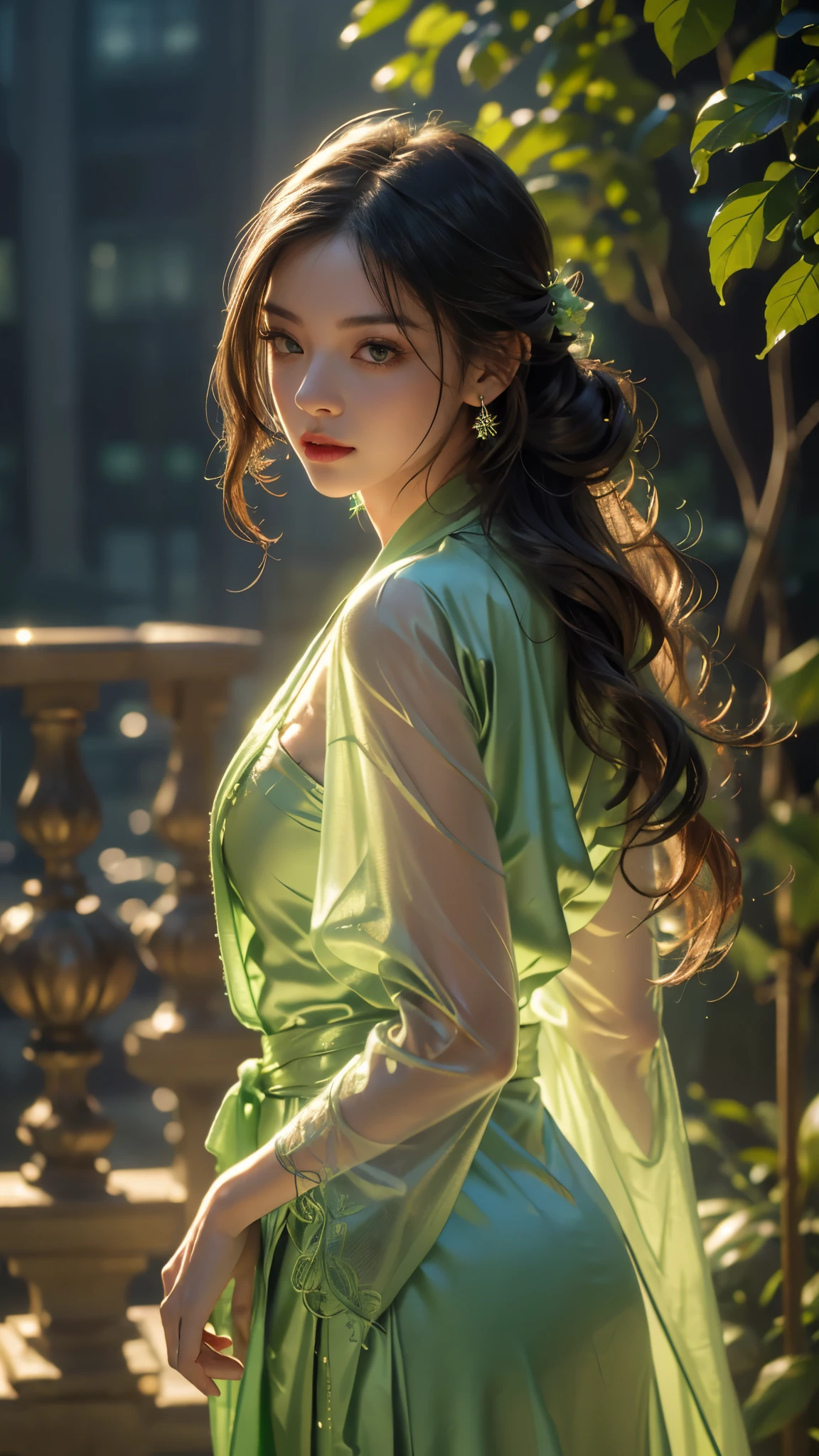 (Raw photo, Best Quality), (Realistic, Realistic: 1.3), Best Quality, Highly detailed, masutepiece, Hyper-detailing, Illustration, 1 girl, The upper part of the body_Body, Dynamic Angle, World Mastery Theater, Messy_long_hair, Best Quality, extremely detailed CG unified 8k wallpaper, inky, Breathtaking, Cinematic Light, lens_f lare, gufeng_Style, Fantastic Big Eyes, Green clothes, Ming Dynasty Hanfu, (Heavy makeup: 1.2), Fans, (laughingly: 1.2), (gold foil), monstera, Flowers, Sony main shot、see -through、Materials that show through nakedness、Wet clothes、Show shoulders、halterneck、white colors、show through