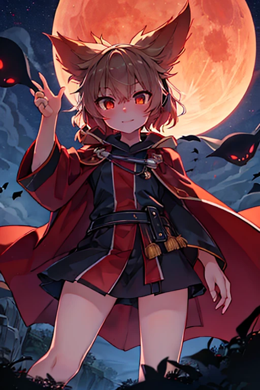 Toyosatomimi no Miko,boyish,There is a red moon in the background,Scary face,night,Standing on a cliff