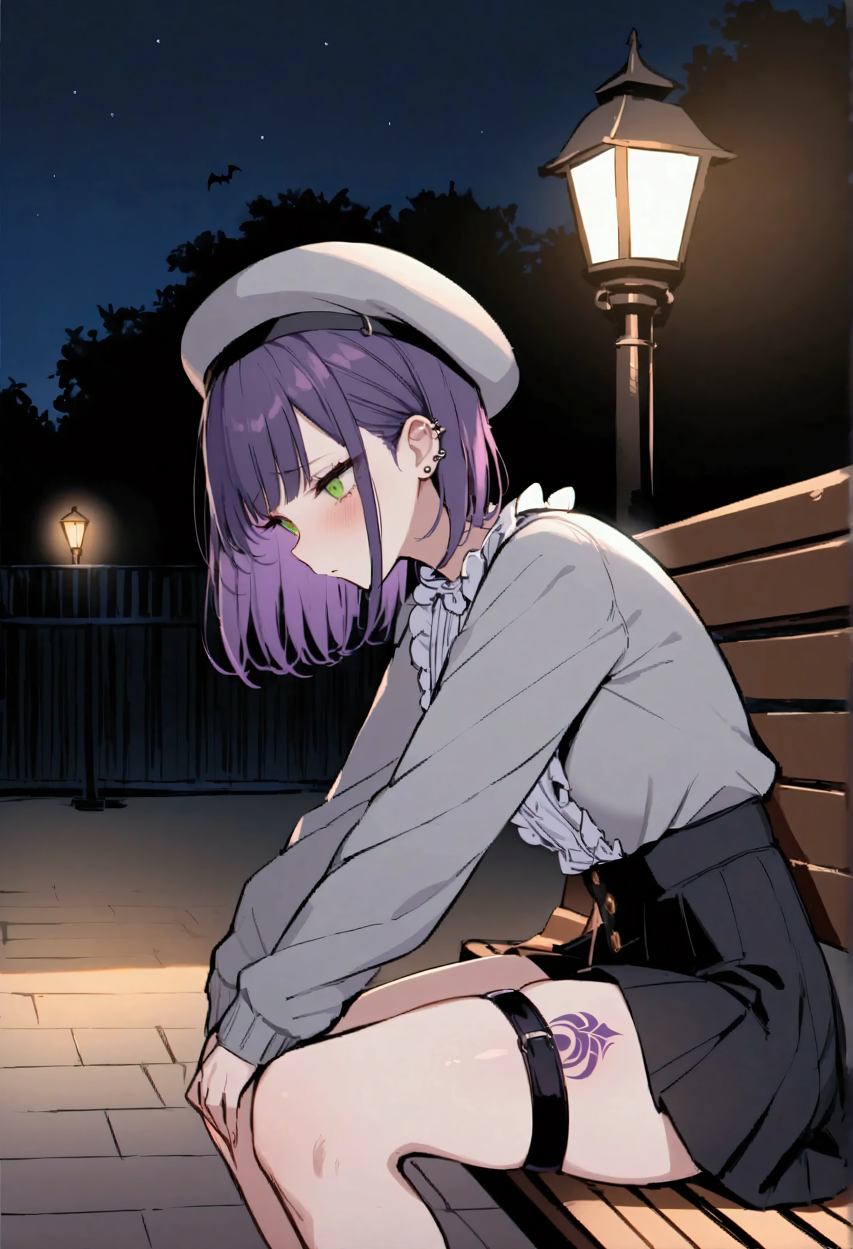 1girl, purple hair, short hair, bangs, eyes covered by hair, tired, sad, depressed, emotionless, cold, purple clothes, castle, pale skin