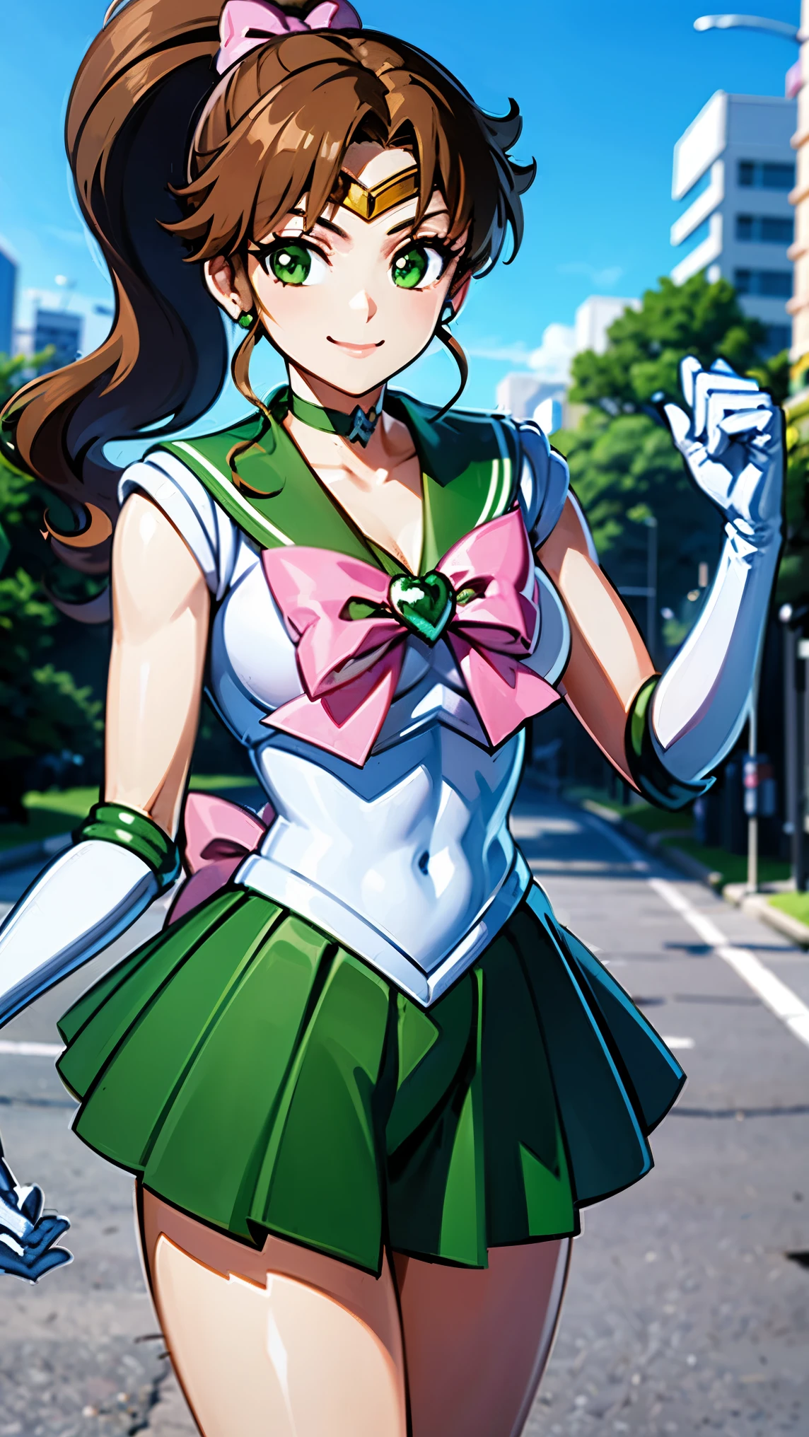 best quality, masterpiece, sailor_jupiter, brown ponytail, green eyes, pink bow, white gloves, choker, circlet, looking at viewer, smiling, medium shot, 
standing, outside, city, street, blue sky, extreme detail, hdr, beautiful quality, 