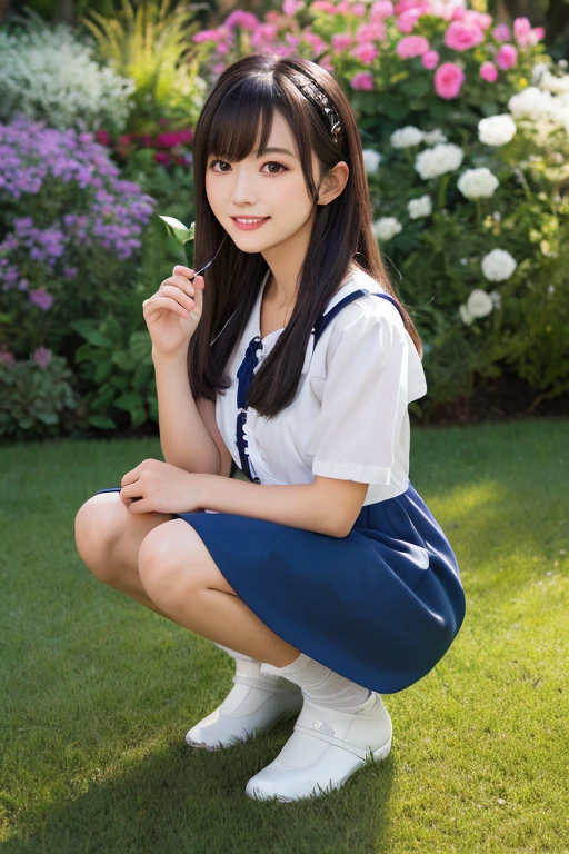 1 young girl,very cute and beautiful japanese teen actress,highly detailed beautiful face,looking at viewer,smile,solo,
sailor school uniform,detailed legs,flower garden,bench,hilltop,distant ocean background,
real person,photorealistic,8k,raw photo,