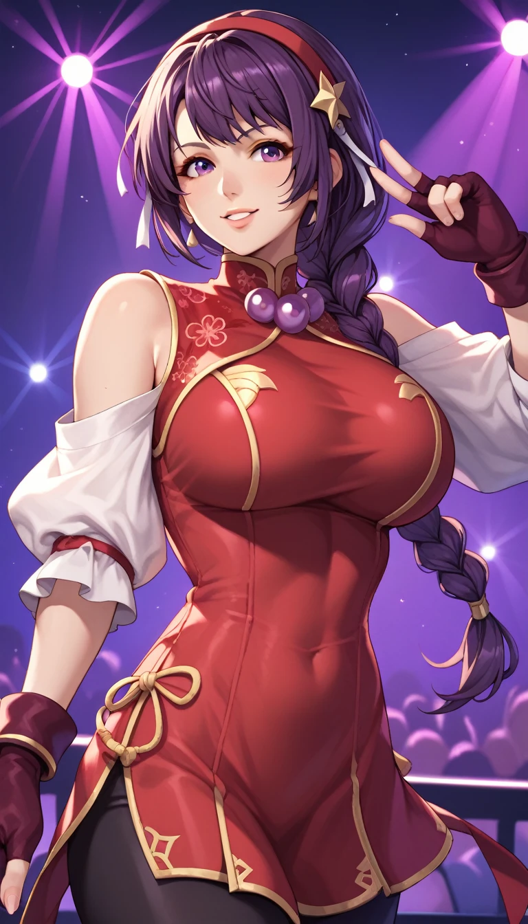 score_9_up, score_8_up, score_7_up,score_6_up, score_5_up, score_4_up , 1girl, solo, huge breasts, AthnaKOFXV, purple hair, purple eyes, red hairband,pearl (gemstone), off-shoulder, white sleeves, fingerless gloves, short china dress, ysakazaki,, ((white dougi)), ((spandex)), fingerless gloves, , brown hair, brown eyes, single braid, flirting, cowboy shot, stage lights, concert, stage