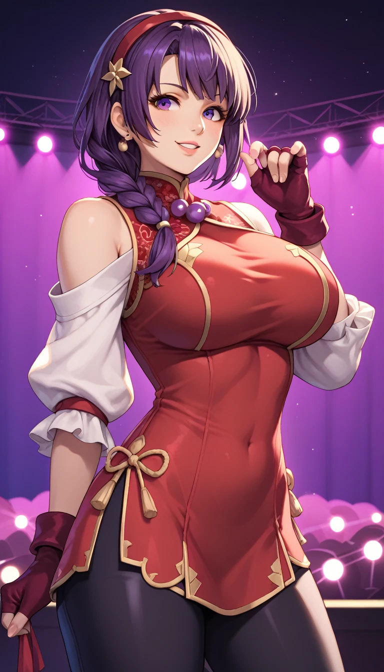 score_9_up, score_8_up, score_7_up,score_6_up, score_5_up, score_4_up , 1girl, solo, huge breasts, AthnaKOFXV, purple hair, purple eyes, red hairband,pearl (gemstone), off-shoulder, white sleeves, fingerless gloves, short china dress, ysakazaki,, ((white dougi)), ((spandex)), fingerless gloves, , brown hair, brown eyes, single braid, flirting, cowboy shot, stage lights, concert, stage