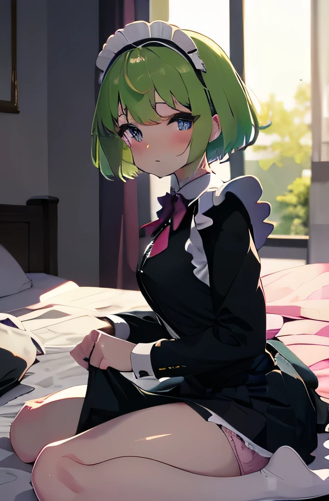 Maid uniform, Embarrassed expression, front view, lift skirt, pink panties, Selfie, sit, On the bed, green hair color, seiza, short hair, long skirt, beautiful anime eyes