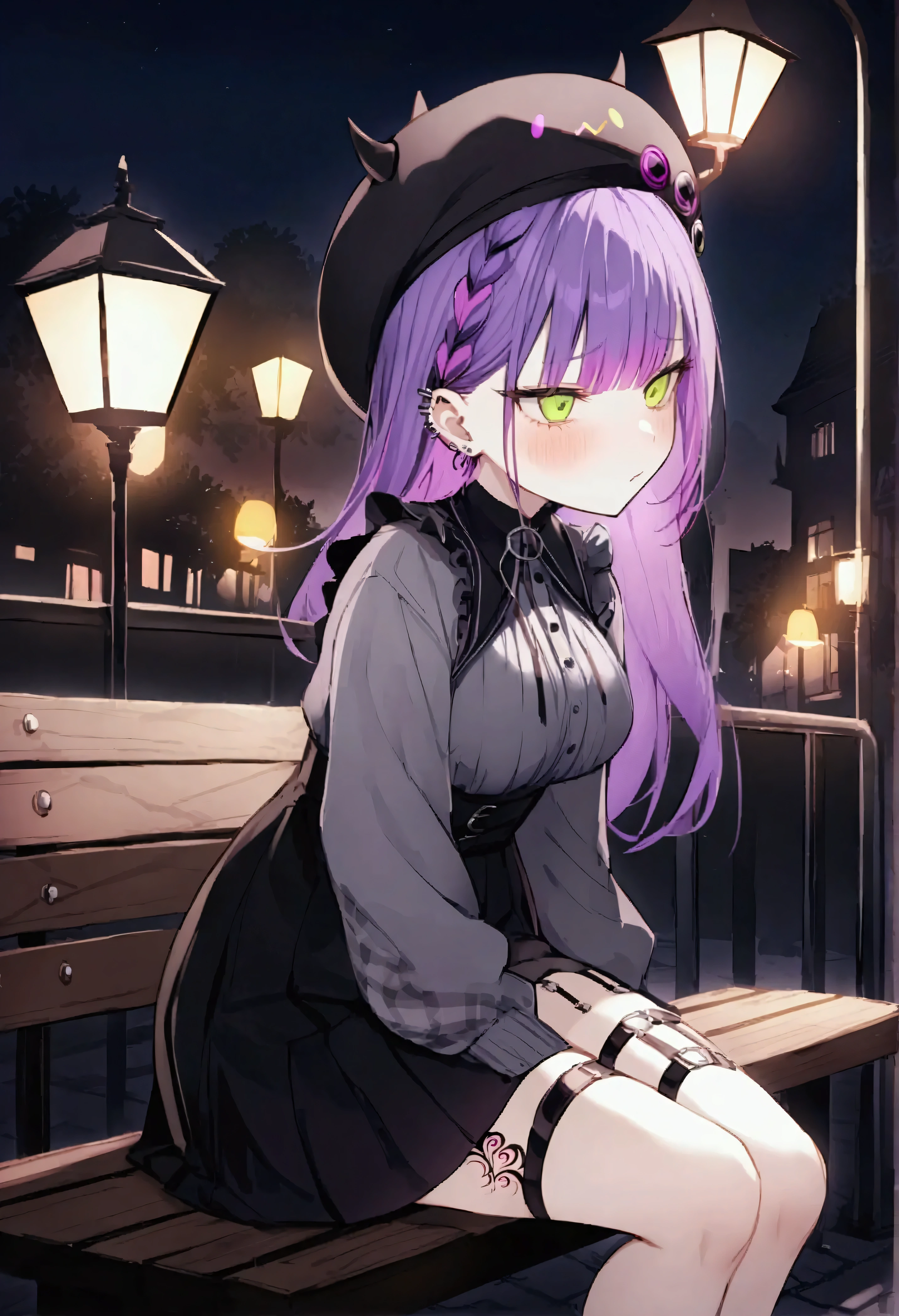 NSFW,masterpiece,Best Quality,High resolution,Very detailed,Towa Tokoyami\(Hove\),Purple Hair,Green Eyes,Jirai system、Frilled shirt、High Waist Skirt、Grey cardigan、Beret、False horns、Thigh straps、Thigh Tattoo、Ear Piercing,Night Park,Street lamp,bench,Sitting,Depressed face,From the side