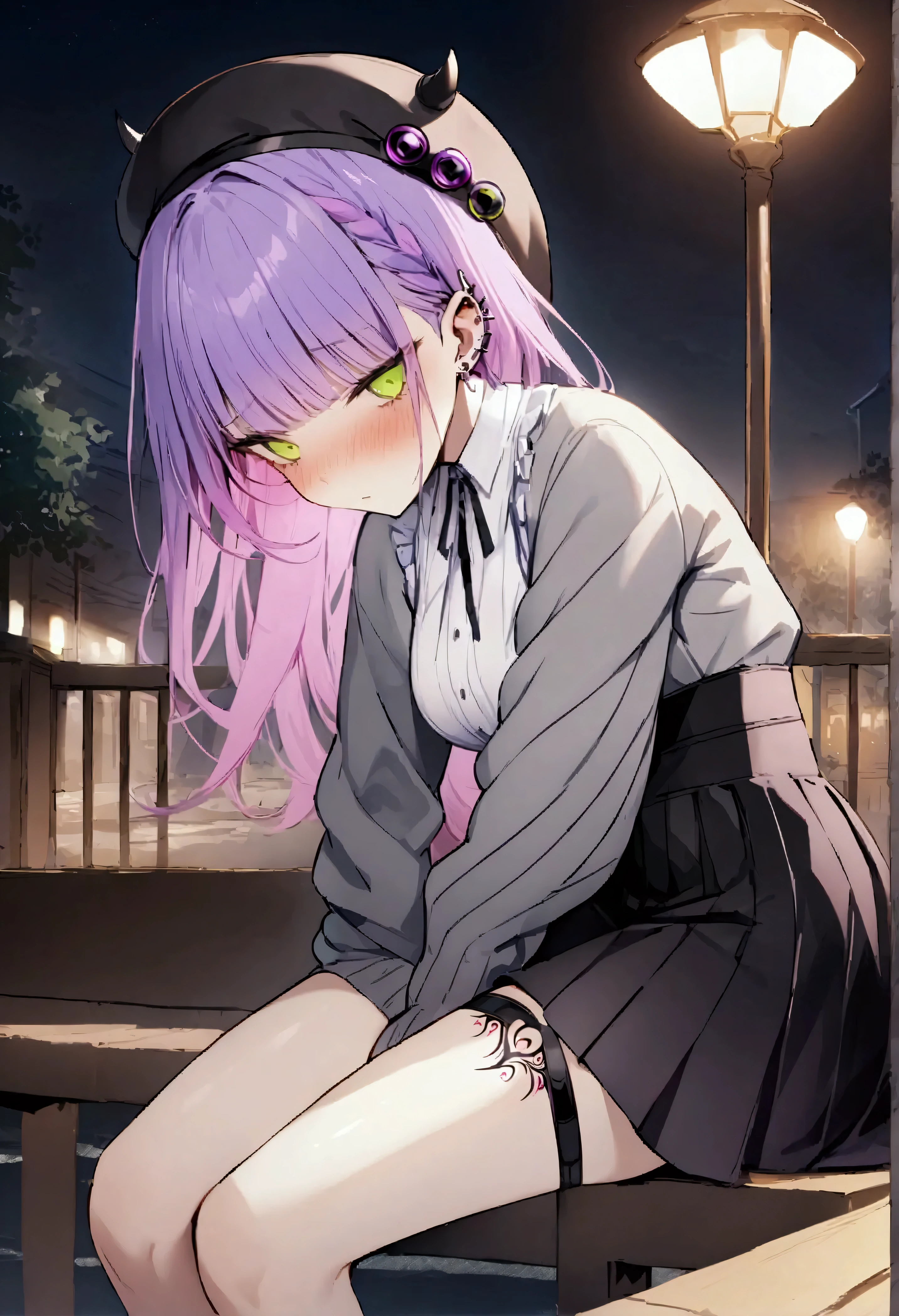 NSFW,masterpiece,Best Quality,High resolution,Very detailed,Towa Tokoyami\(Hove\),Purple Hair,Green Eyes,Jirai system、Frilled shirt、High Waist Skirt、Grey cardigan、Beret、False horns、Thigh straps、Thigh Tattoo、Ear Piercing,Night Park,Street lamp,bench,Sitting,Depressed face,From the side