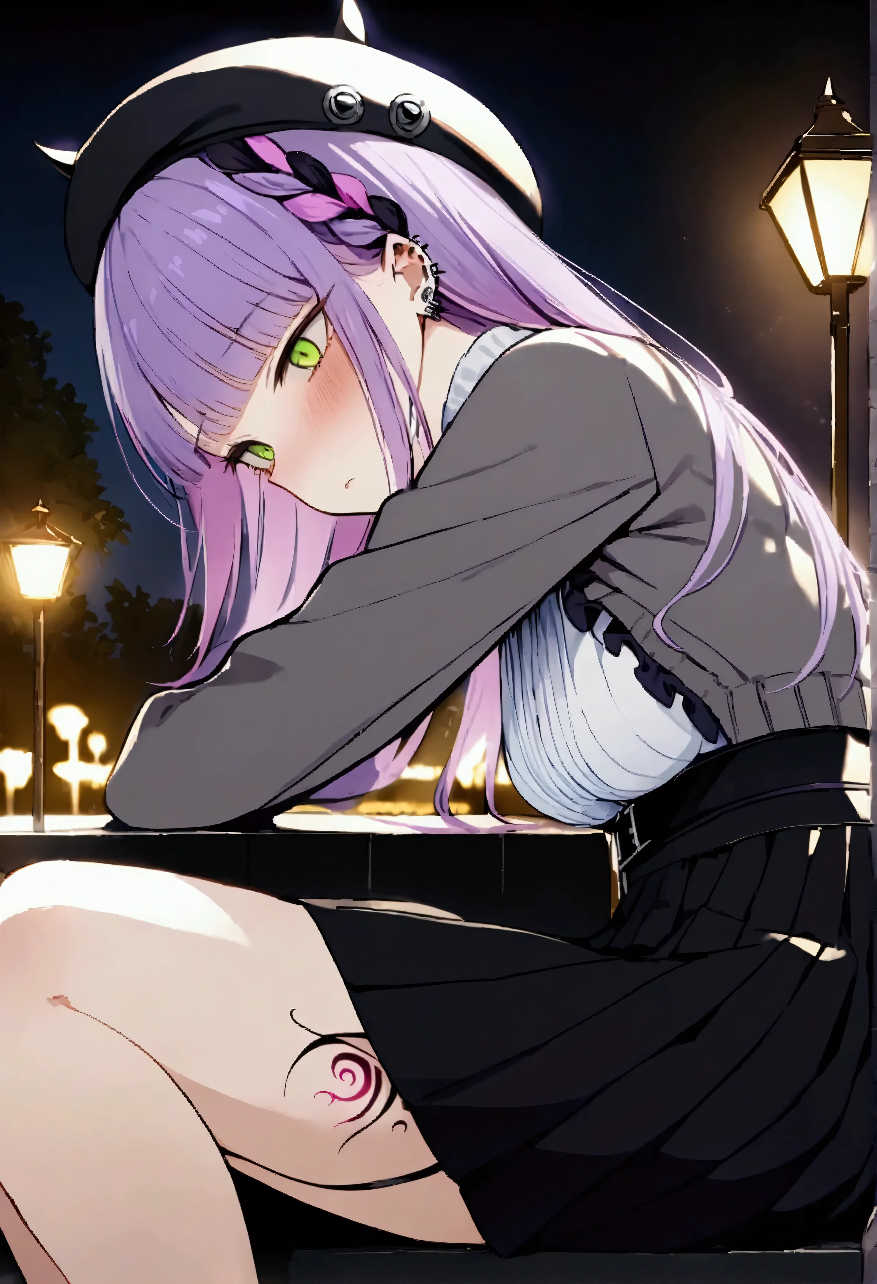 NSFW,masterpiece,Best Quality,High resolution,Very detailed,Towa Tokoyami\(Hove\),Purple Hair,Green Eyes,Jirai system、Frilled shirt、High Waist Skirt、Grey cardigan、Beret、False horns、Thigh straps、Thigh Tattoo、Ear Piercing,Night Park,Street lamp,bench,Sitting,Depressed face,From the side