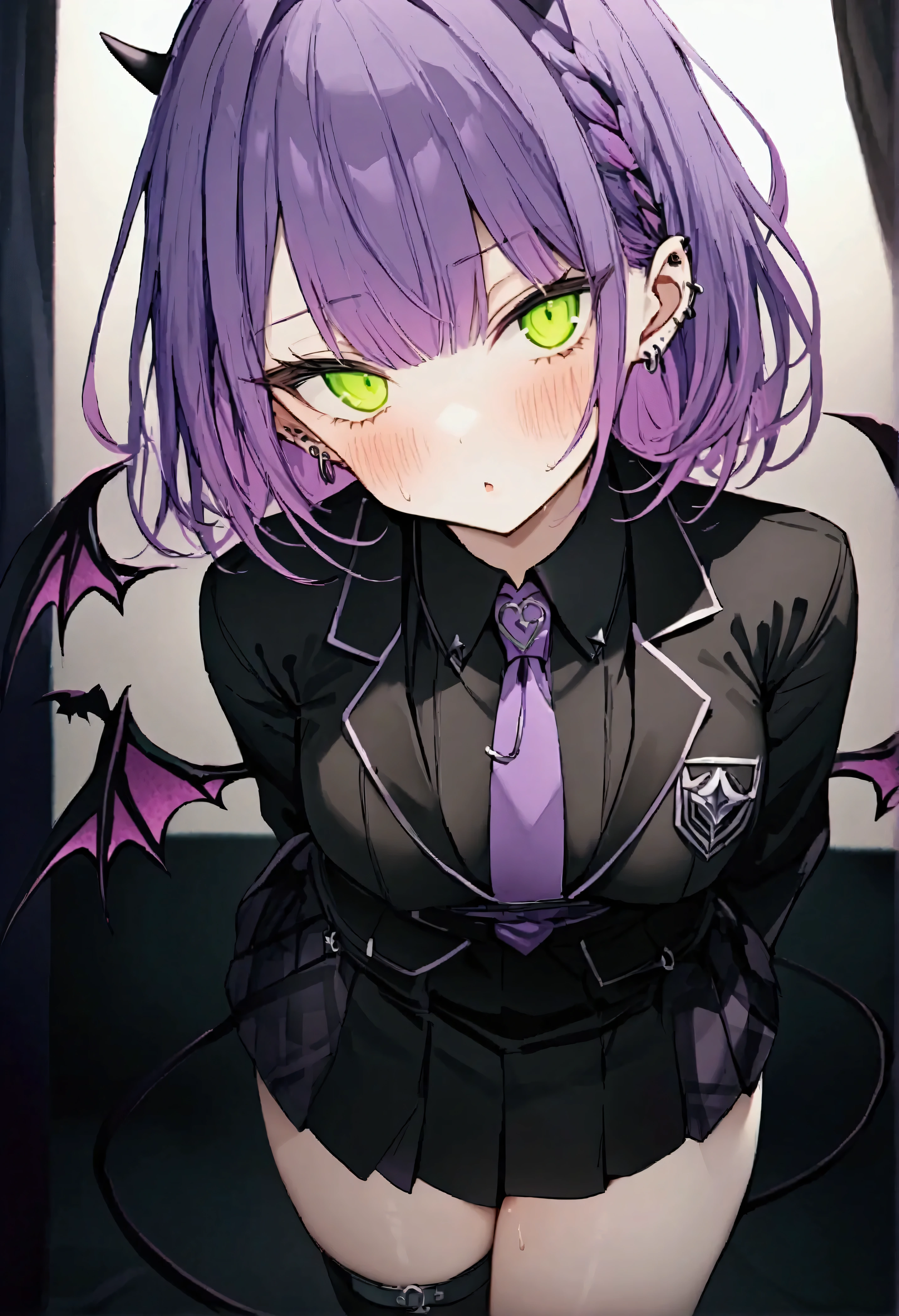 NSFW,masterpiece,Best Quality,High resolution,Very detailed,Towa Tokoyami\(Hove\),Purple Hair,Green Eyes,Low Twin Blade、Black Shirt、Black Skirt、Pleated skirt、Collared shirt、Purple tie、Devil horns、Devil&#39;s Wings、Devil&#39;s Tail、Ear Piercing