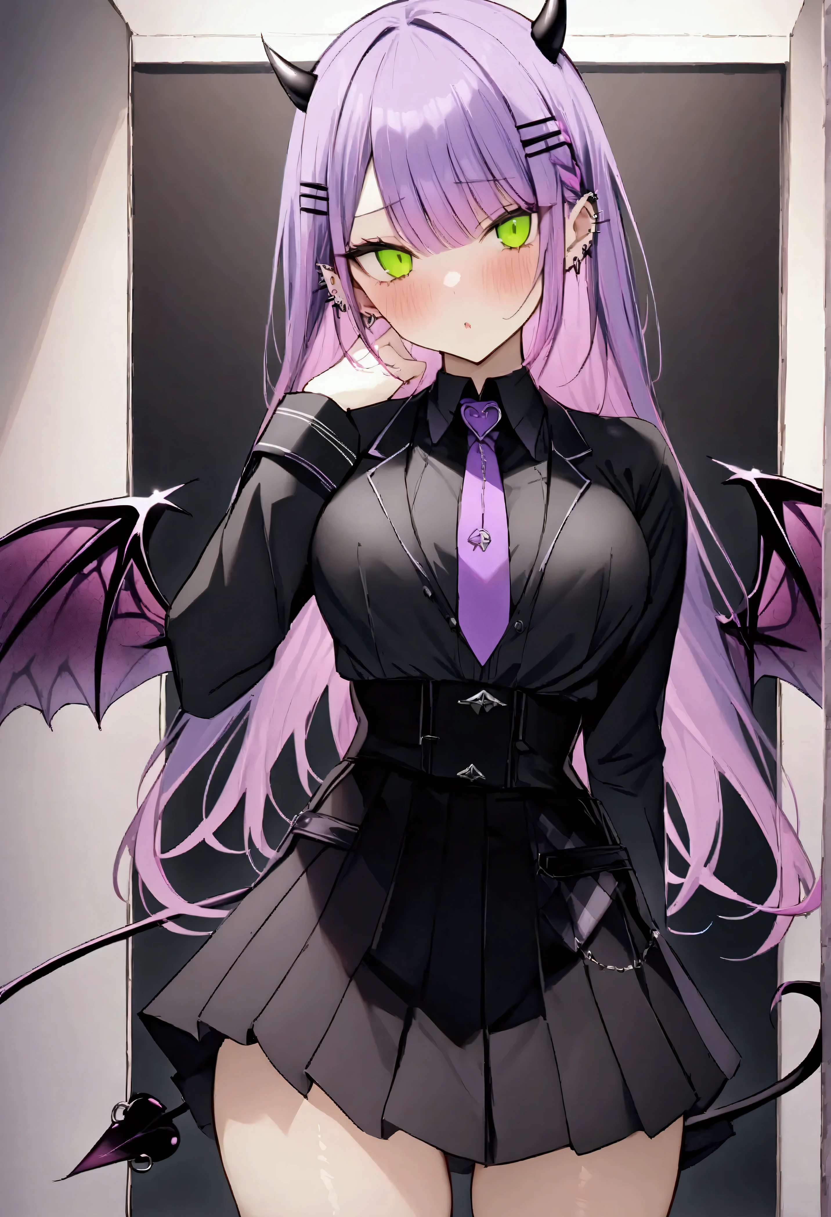 NSFW,masterpiece,Best Quality,High resolution,Very detailed,Towa Tokoyami\(Hove\),Purple Hair,Green Eyes,Low Twin Blade、Black Shirt、Black Skirt、Pleated skirt、Collared shirt、Purple tie、Devil horns、Devil&#39;s Wings、Devil&#39;s Tail、Ear Piercing