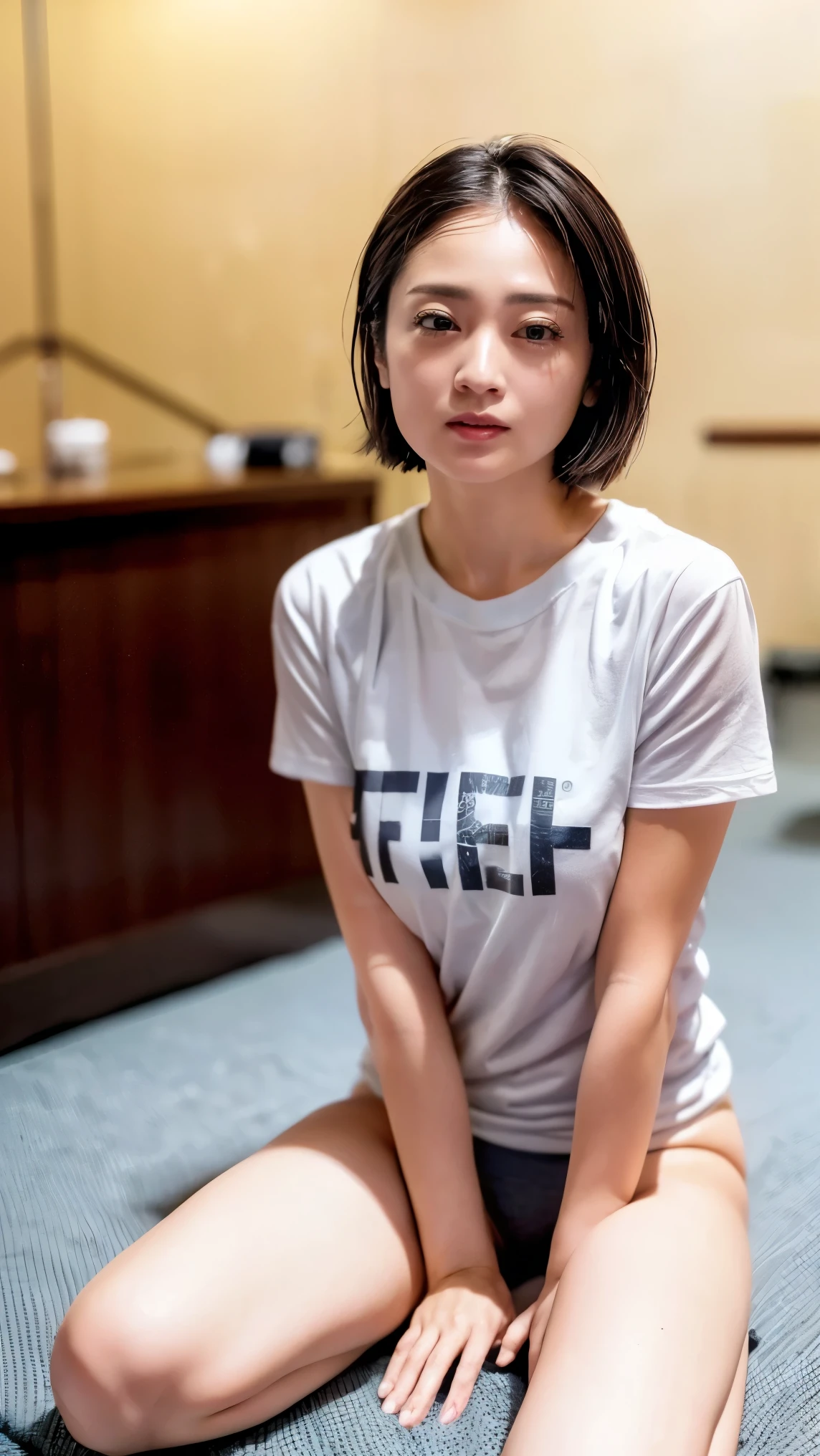 ((40 years old, Petite women, Voluptuous women, No makeup, 笑face)), (Full body portrait, Black Hair, short hair, Large Breasts, Wear a white T-shirt, panties), White skin, Thin lips, skinny, Body Type, Delicate and sexy collarbone, Best Quality, RAW Photos, Realistic, face, so beautiful, cute, Depth of written border, High resolution, 超detailed, detailed, Very detailed, extremely detailed eye and face, Sharp focus, Cinema Lighting