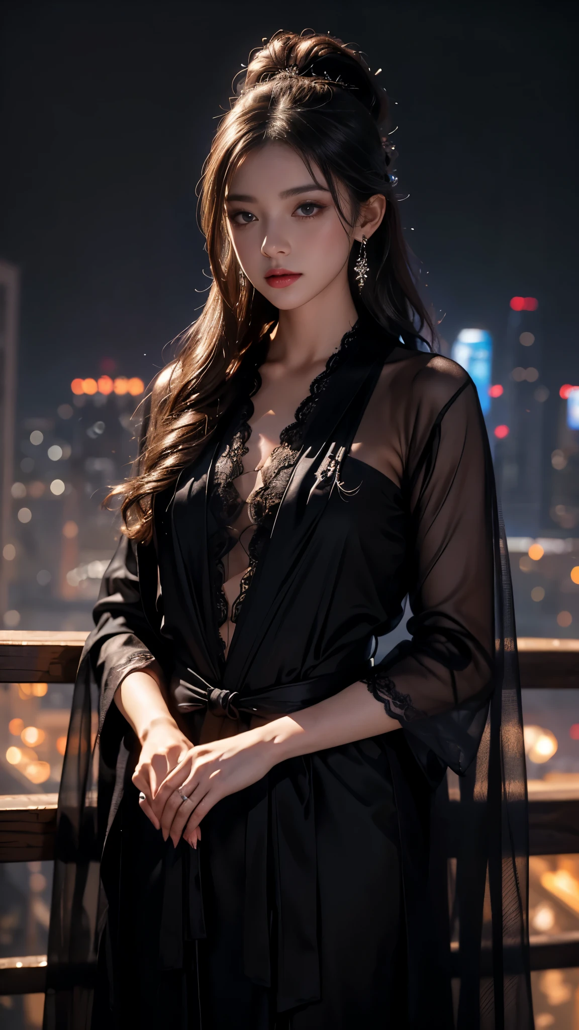 (Photoreal Stick:1.5, masutepiece:1.5, 8K), (top-quality, masterpiece, 超A high resolution), Perfect dynamic composition, Professional camera work:1.4, Highly detailed skin and facial texture:1.3, Mystical portrait:1.3, Grow Light Effect, The ultra-detailliert, 1girl in, ((Night view from inside the building, Pitch black room:0.9, The moonlight at night shines through the glass)), (light golden nightgown), Model body type, Clear face, (Beautiful and seductive eyes:0.9, Enraptured look:1.0, i love you completely:0.8, A mouthfeel that feels beautiful eros:0.7), (Wet dark brown medium hair), candles, the chest is medium, a necklace, (Leaning against the window, Sit up), ((seductiv, Functional))