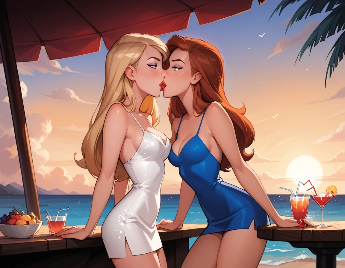 score_9, score_8_up, score_7_up, dcaustyle, source_cartoon, 2girls, duo, (Kara Zor-El, blonde:1.3) and (Barbara Gordon, reddish brown hair:1.2), wearing sexy short dresses, bare arms, bare shoulders, cleavage, flirt, gaze, sexy look, half-closed eyes, filled lips, thick lips, makeup, on a romantic date, in love, sitting at a private table on the beach, two cocktails on the table, (kiss, deep kiss:1.4), looking into one each others eyes from across the table, (side view, cowboy shot:1.5), sunset, expressiveh d4rk01l, perfect hands, perfect proportions, low angle.