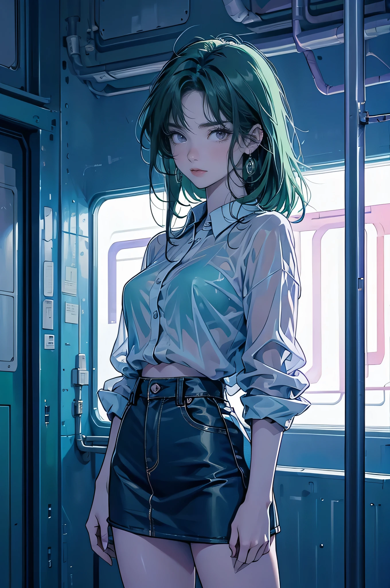 anime、High image quality、High resolution、Woman looking towards you、Angry expression、Green Hair、Purple Eyes、Pouring rain、Night City、Cyberpunk、Neon Signs、See-through blouse、Short tight skirt、