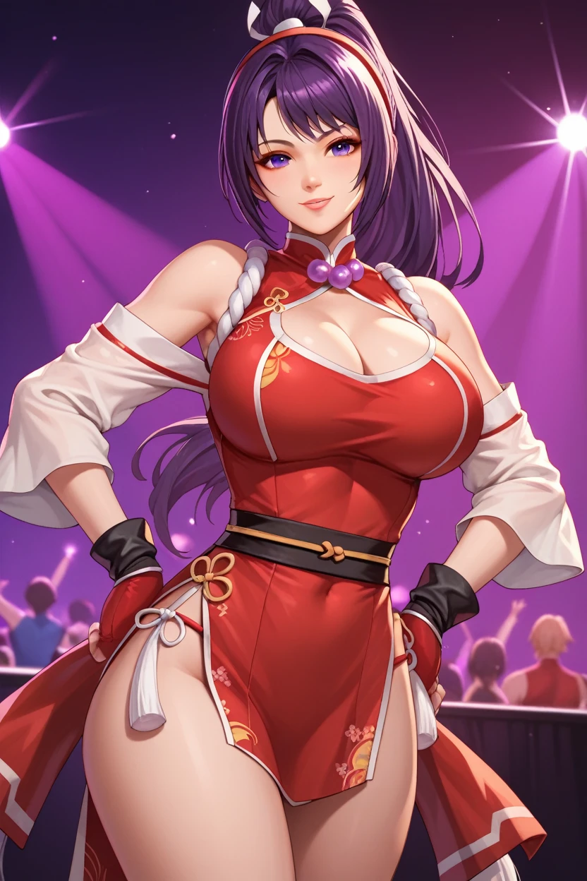 score_9_up, score_8_up, score_7_up,score_6_up, score_5_up, score_4_up , 1girl, solo, huge breasts, PonyShiranui, japanese clothes, revealing clothes, cleavage, high ponytail, AthnaKOFXV, purple hair, purple eyes, red hairband,pearl (gemstone), off-shoulder, white sleeves, fingerless gloves, short china dress, flirting, cowboy shot, stage lights, concert, stage