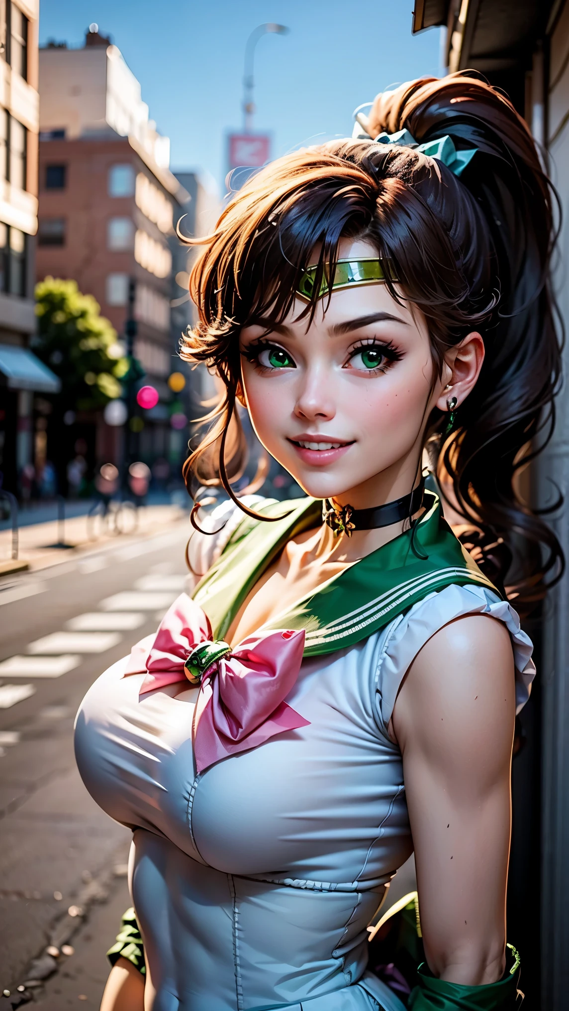 best quality, masterpiece, sailor_jupiter, brown ponytail, green eyes, pink bow, white gloves, choker, circlet, looking at viewer, smiling, medium shot, 
standing, outside, city, street, blue sky, extreme detail, hdr, beautiful quality, 