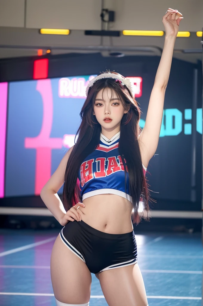 Asian、model、Black Hair、Long Hair、Big Breasts、Topless、Cheerleader、Club room、A woman lifting her clothes to reveal her breasts、One person