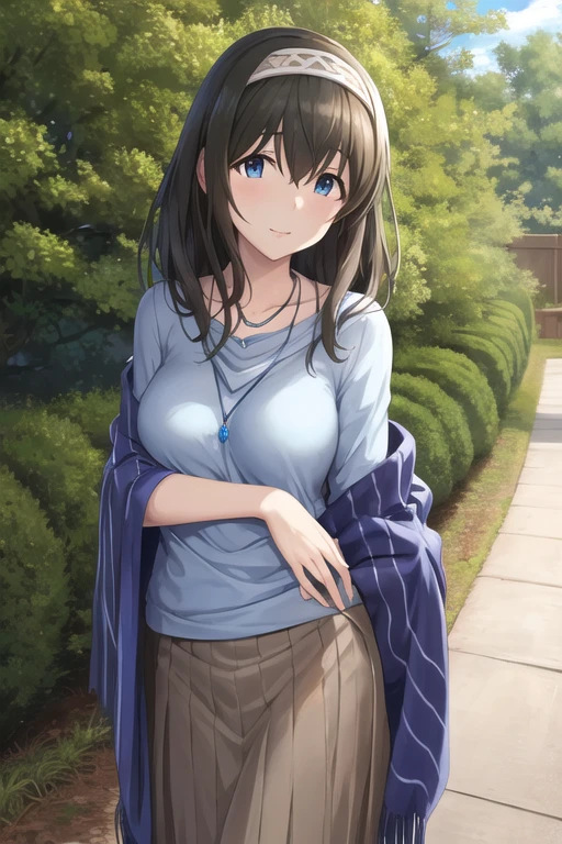 masterpiece, Best Quality, High resolution, aafumika, The Idolmaster, Long Hair, Hairbands, clavicle, necklace, Blue sweater, Blue shawl, Brown Skirt, Cowboy Shot, standing, Outdoor,, (Perfect hands, Perfect Anatomy)