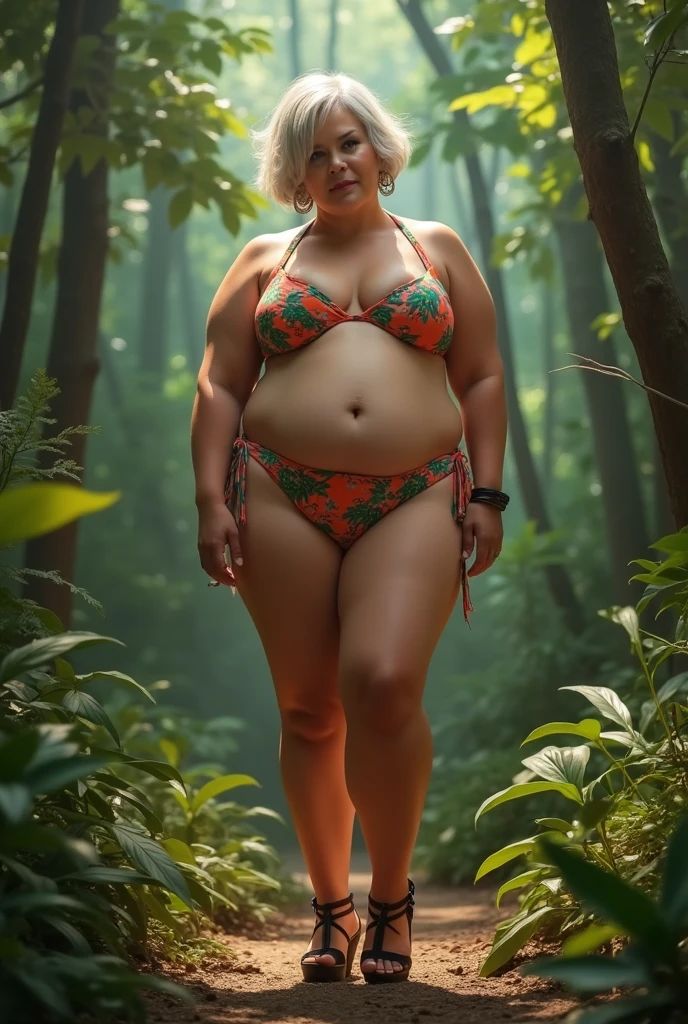 a woman, in the ethereal rainforest, ((full body)), ((nice body with bikini)), ((heavy big breast)), supernaturally human, power mysticism, dramatic mystical symphony, ((horror effect, more dramatic)), ((full body shot)), ((looking at viewer)), ((centered on the face)), (background fog, mist), at ((midnight, full green moonlight in darkness)), ((high Sexual Expression)),