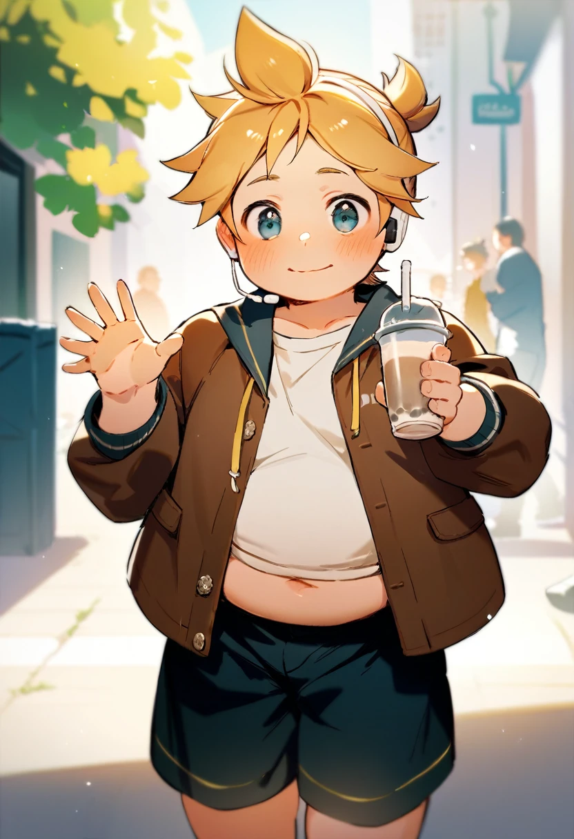 1 boy, (male child), (Kagamine Len), (cute), significantly overweight, brown jacket, chubby, earphone, (belly button exposed), embarrassed smile, walking on a street, waving to the viewer, holding milk tea