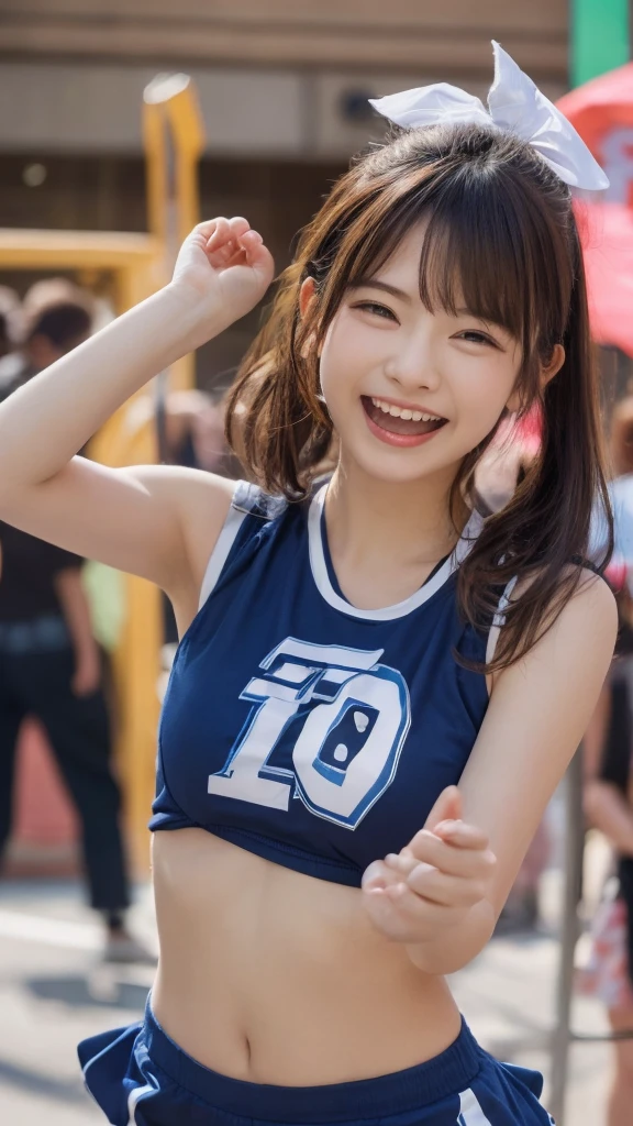 best quality, masterpiece, 1girl, asian, cheerleader, blue uniform, waving to crowd, upper body