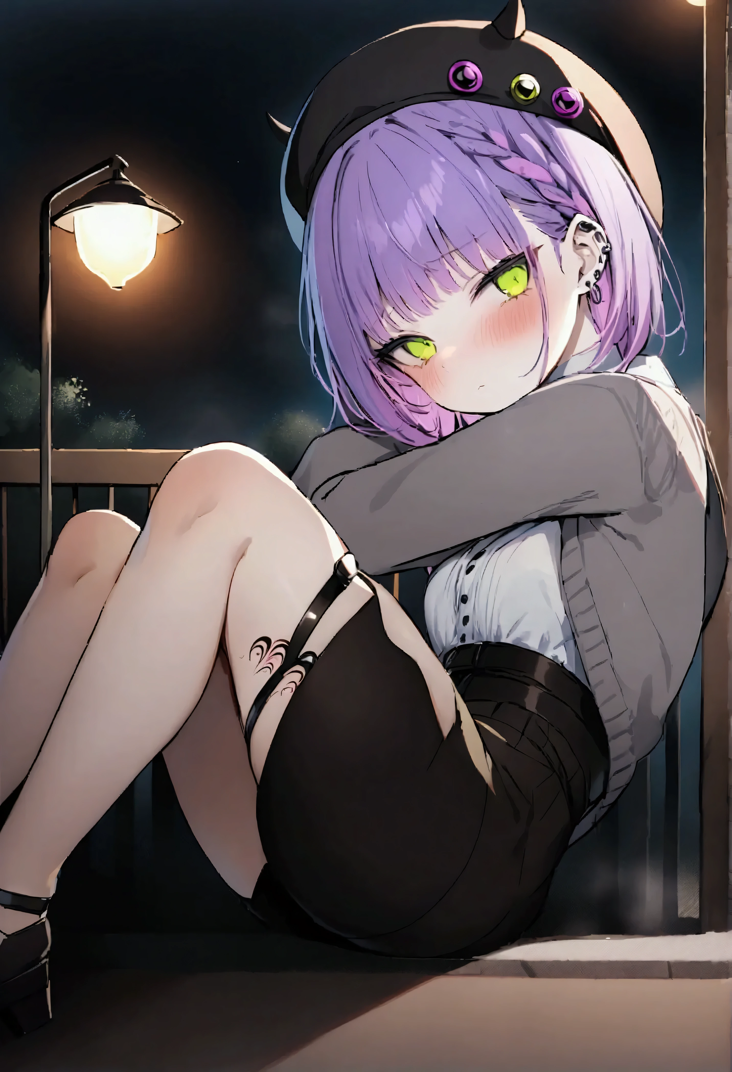 NSFW,masterpiece,Best Quality,High resolution,Very detailed,Towa Tokoyami\(Hove\),Purple Hair,Green Eyes,Jirai system、Frilled shirt、High Waist Skirt、Grey cardigan、Beret、False horns、Thigh straps、Thigh Tattoo、Ear Piercing,Night Park,Street lamp,bench,Sitting,Depressed face,From the side,(Young men),Picking Up Girls