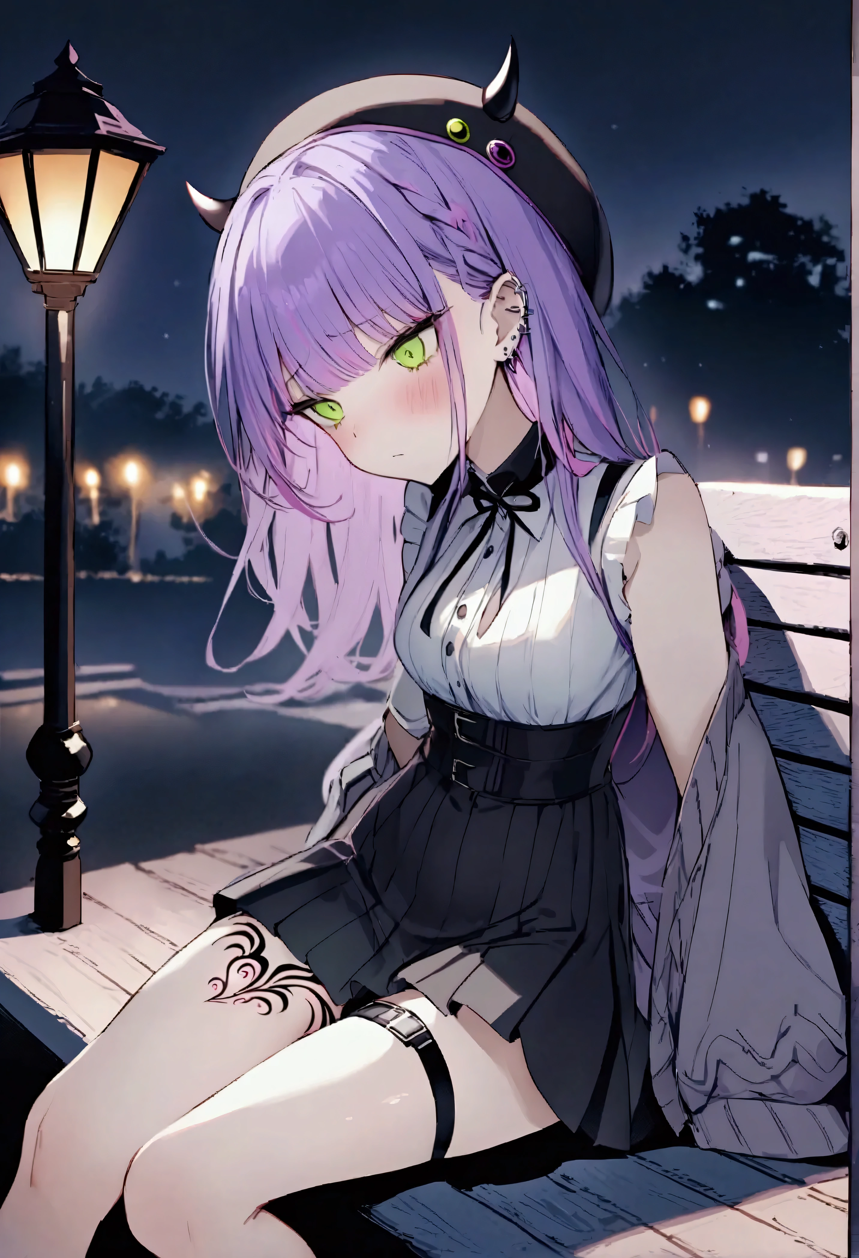 NSFW,masterpiece,Best Quality,High resolution,Very detailed,Towa Tokoyami\(Hove\),Purple Hair,Green Eyes,Jirai system、Frilled shirt、High Waist Skirt、Grey cardigan、Beret、False horns、Thigh straps、Thigh Tattoo、Ear Piercing,Night Park,Street lamp,bench,Sitting,Depressed face,From the side,(Young men),Picking Up Girls