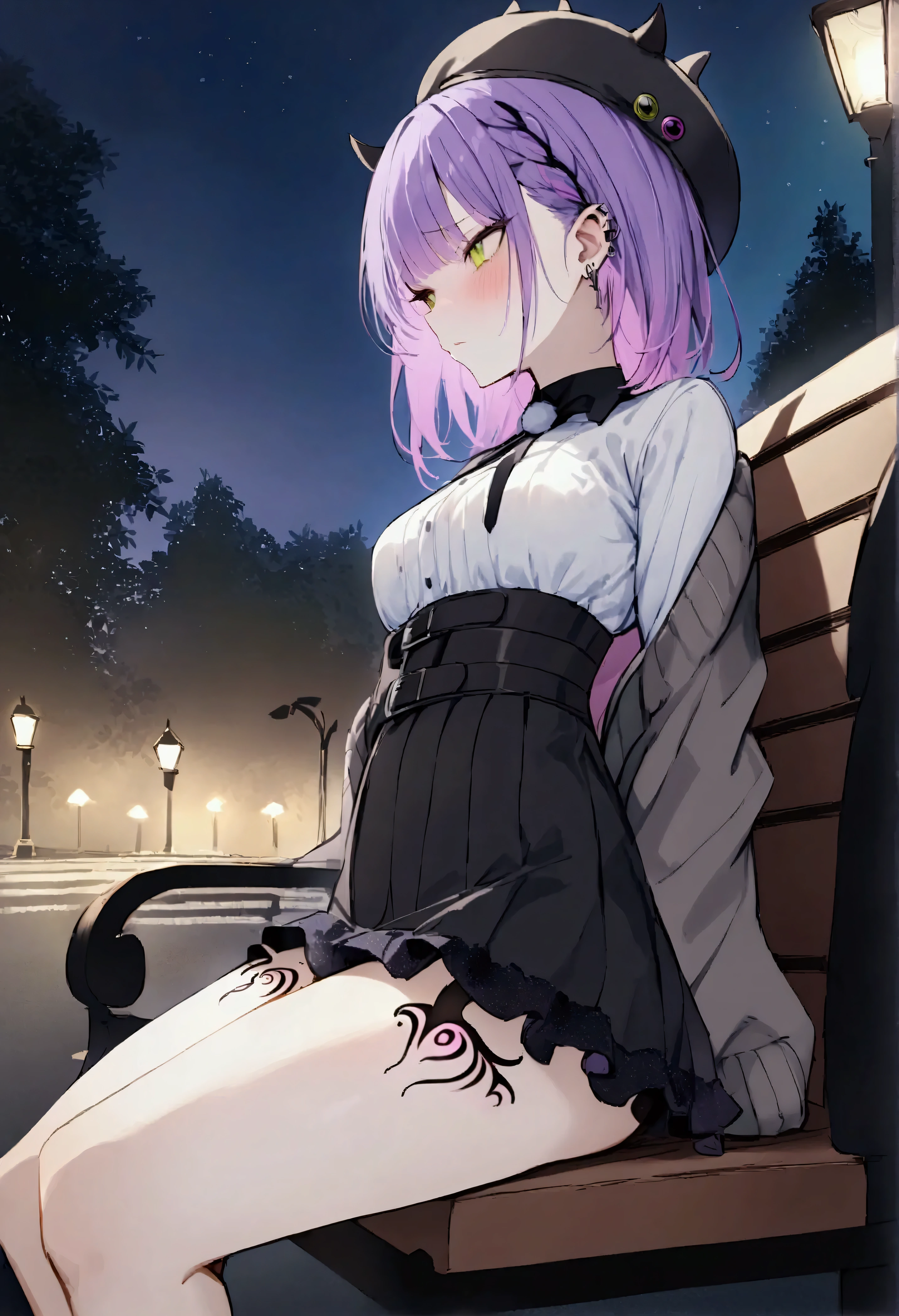 NSFW,masterpiece,Best Quality,High resolution,Very detailed,Towa Tokoyami\(Hove\),Purple Hair,Green Eyes,Jirai system、Frilled shirt、High Waist Skirt、Grey cardigan、Beret、False horns、Thigh straps、Thigh Tattoo、Ear Piercing,Night Park,Street lamp,bench,Sitting,Depressed face,From the side,(Young men),Picking Up Girls