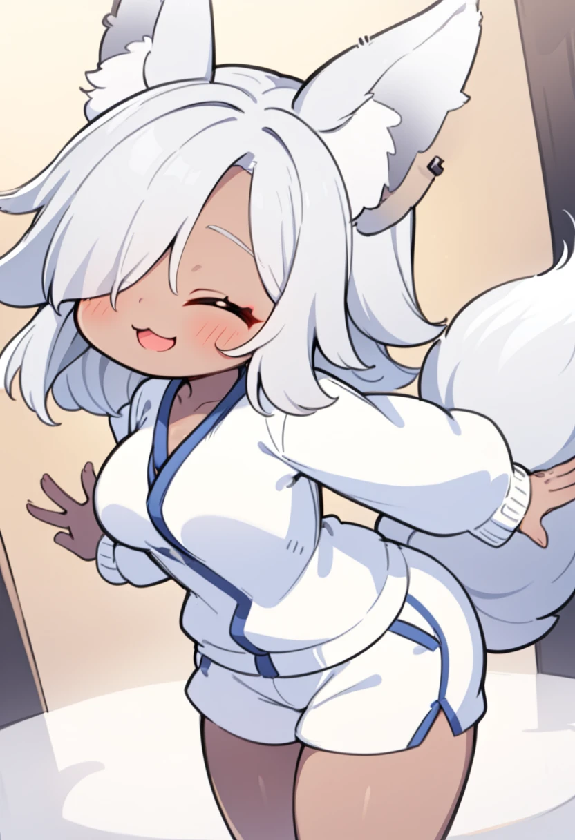 top quality, best quality, by estper, High-quality illustrations, masterpiece)(kemono, furry anthro), round, 1 female, nine-tail fox, chubby body, fur, fluffy, flat chest, wide hips, tails, perfect eyes, blur sclera eyes, priest kimono, bed, body movement, pregnant, red blushing, looking at viewer,