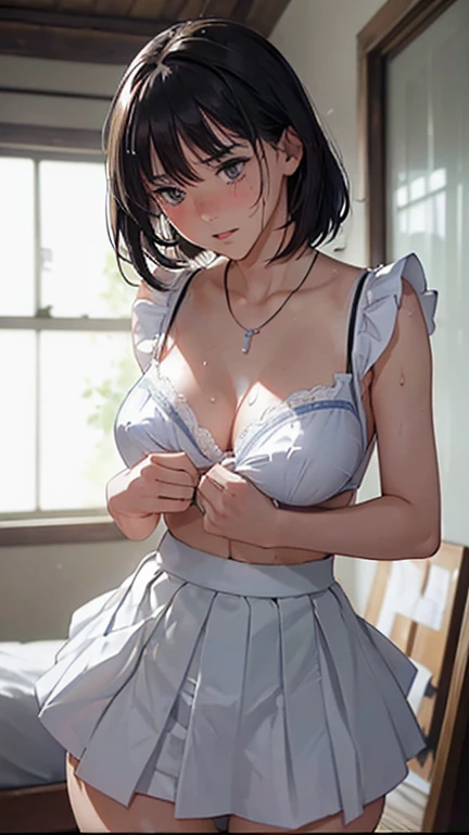 ((((Best Quality, 8K, 32K, masterpiece, 1.2)))),{{solo}},((nsfw:1.5)),{{{Character reference: ToLove Ru's Sairenji Haruna:1.5}}},((short cut hair:1.2)),((perfect beautiful face:1.2)), slender body, nsfw,(Lift up the skirt:1.4),(striped lace panties visible:1.3),(pubic hair:1.2),(cameltoe:1.2),(love juice:0.5), frown,angry,contemptuous,disdain,(hate:1.4),(blush:0.4),looking down,elegant,active angle,dynamism pose