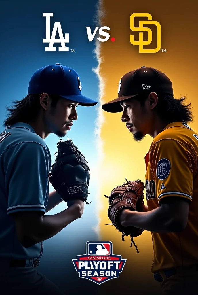 MLB playoff match-up poster. Dodgers vs Padres match-up. Large logo of both teams ‘LA’ vs ‘SD’ at the top. At the bottom is the MLB logo and the words ‘POST season’. The faces of the players from each team facing off are shown as silhouettes. The colours reflect the energy of a playoff game, with the bold contrast between the Dodgers‘ blue and the Padres’ brown and gold emphasising the rivalry.