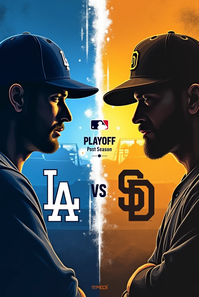 MLB playoff match-up poster. Dodgers vs Padres match-up. Large logo of both teams ‘LA’ vs ‘SD’ at the top. At the bottom is the MLB logo and the words ‘POST season’. The faces of the players from each team facing off are shown as silhouettes. The colours reflect the energy of a playoff game, with the bold contrast between the Dodgers‘ blue and the Padres’ brown and gold emphasising the rivalry.