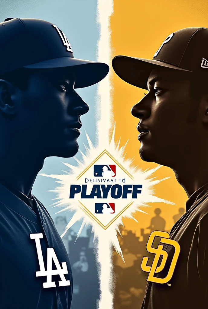 MLB playoff match-up poster. Dodgers vs Padres match-up. Large logo of both teams ‘LA’ vs ‘SD’ at the top. At the bottom is the MLB logo and the words ‘POST season’. The faces of the players from each team facing off are shown as silhouettes. The colours reflect the energy of a playoff game, with the bold contrast between the Dodgers‘ blue and the Padres’ brown and gold emphasising the rivalry.